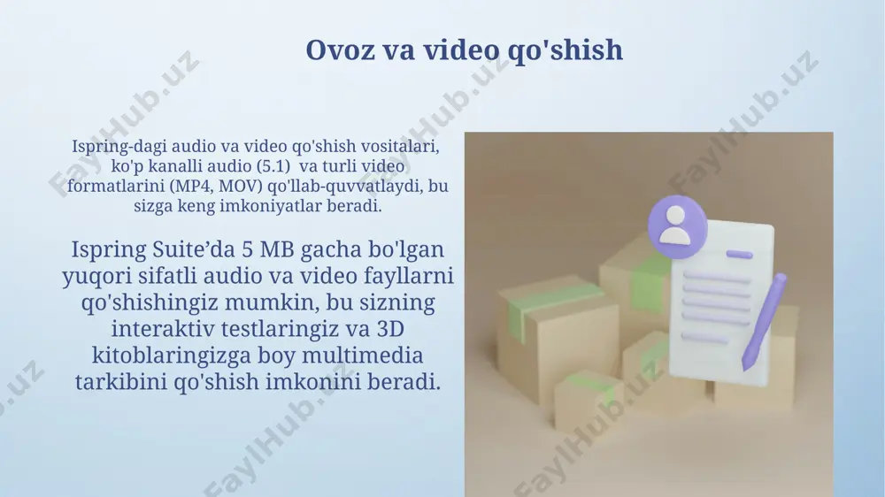imkoniyatlarini kengaytiradi. animatsiya va o'tish effektlarini qo'llash ispring suite’dagi 20 dan ortiq animatsiya effektlari kutubxonasidan foydalanib, o'quv materiallarini jozibador va tushunarli qilish mumkin, bu esa foydalanuvchilarning qiziqishini oshiradi va ma'lumotlarni yaxshiroq o'zlashtirishga yordam beradi. ob'ektlarning paydo bo'lishi, yo'qolishi yoki siljishi kabi 5 ta asosiy o'tish effektlari bilan bir qatorda, murakkab animatsiyalarni yaratish uchun kalit kadrlar va taymerlardan foydalanish mumkin. test yaratishga kirish ispring suite yordamida 10 ta turli savol turidan foydalanib, o'quvchilar bilimini baholash uchun samarali testlar yaratishingiz mumkin, shu jumladan, to'g'ri/noto'g'ri, ko'p tanlovli va to'ldirish testlari. test natijalarini avtomatik ravishda tahlil qilish va hisobotlar generatsiya qilish imkoniyati mavjud bo'lib, bu sizga o'quv jarayonini yaxshilashga yordam beradi; kamida 5 ta turli xildagi hisobot yaratish mumkin. 3d kitobni nashr qilish ispring yordamida yaratilgan 3d kitoblarni turli xil platformalarga, shu jumladan, veb-saytlarga, mobil qurilmalarga va lms tizimlariga osongina yuklash va tarqatish mumkin, bu esa keng auditoriyaga yetish imkonini beradi. 3d kitobning interaktiv …