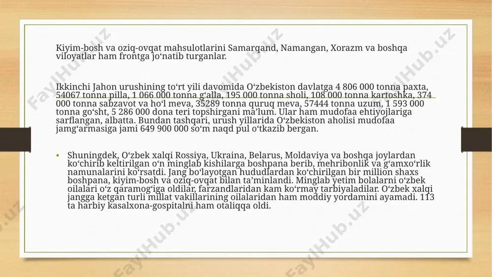 or kurashdi. ulardan bir necha yuz ming kishi halok boʻldi va jarohatlandi. bevosita janglarda 27 mln.kishining yostigʻi qurigan, boshqa talafotlarni ham qoʻshganda 30 mln. kishi nobud boʻlgan ikkinchi jahon urushi oʻzbek xalqiga ham beqiyos katta talofat keltirdi. minglab ayollar beva va bolalar yetim boʻlib qoldilar. ota-onalar farzandlari dogʻida qaygʻu-alam bilan bu dunyodan koʻz yumdilar. bu maʼlumotlar botir jangchilar, sabrli oʻzbek xalqi ikkinchi jahon urushida yuksak jasorat koʻrsatganligidan dalolat beradi. e’tiboringiz uchun raxmat image5.png image6.png image7.jpeg image8.jpeg image9.jpeg image10.jpeg image11.jpeg image12.jpeg image13.jpeg image14.jpeg image15.jpeg image16.jpeg image17.jpeg image18.jpeg image3.png image4.png /docprops/thumbnail.jpeg