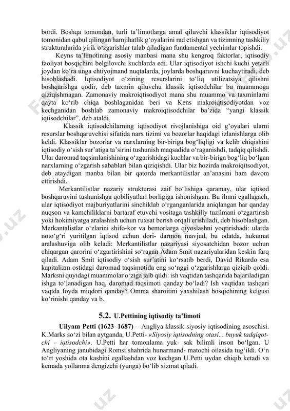 keyinchalik merkantilistlar va hattoki, fiziokratlar yozishmalarida kuzatdik. sxolastiklar[footnoteref:1], fiziokratlar va merkantilistlarning iqtisodiy g‘oyalari klassik iqtisodchilar tomonidan ko‘proq yoki kamroq birlashtirilgan tizimlarga ajratilgan. ko‘pchilik (asosiy) uyg‘un iqtisodiy tizimning klassik ko‘rinishi merkantilist va sxolastiklar e’tiqodidan keskin farq qiladi; ularning e’tiqodiga ko‘ra ixtiloflar intervensiya (davlatning ichki ishlariga aralashuvi) yoki cheklovlar bilan xarakterlanadi. [1: диний ва дунёвий илмни тенг олиб борувчилар] bozorlar boshqaruviga sangvinik (optimistik) qarash uning turli aspektlari va tarmoqlanishlari klassik g‘oyalarning asosiy o‘ziga xos xususiyatlaridan biridir. bozorlarning bir-biriga bog‘liq tanqisligi sababli kelib chiqadigan ixtiloflarni mos ravishda yechimini topa oladigan qarash(nazariya) ilk bor fransiyalik fiziokratlar tomonidan olg‘a surilgan. fiziokratlar fikriga ko‘ra davlat hokimiyati hukumat nazoratisiz ish olib borishga ruxsat berish siyosati – iqtisodiyotga aralashmaslik haqida umumiy qonunlar qabul qilishi kerak edi. sxolastlar bu holat cherkov uchun iqtisodiy faoliyatni va madaniyatni boshqarishda, tartibga solishda qo‘l keladi, deb hisoblashsa, merkantilistlar hukumat aralashuvi muhimligini yoqlaydi, klassiklar esa fiziokratlar singari erkin, (har qanday) boshqaruvlarsiz bozorlarni maksimum alohidalashga …