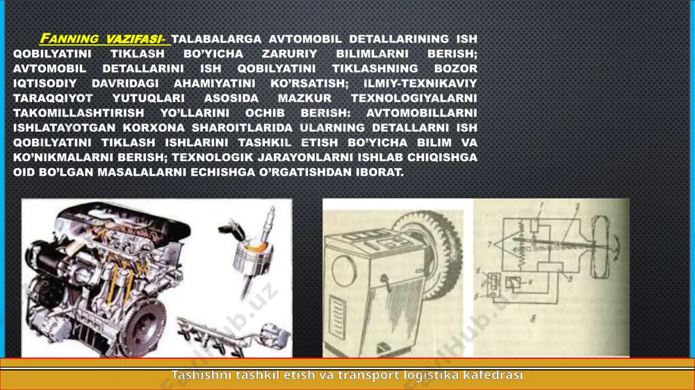 ldan foydalanish jarayonida xosil bo`ladigan, asosan tasodifiy tabiatga ega bo`lgan nuqson va nosozliklarni bartaraf qilish uchun qo`llaniladi. shu sababdan joriy ta’mirlashda bajariladigan ishning tarkibi va xajmini oldindan to`liq rejalashtirib bo`lmaydi. tashishni tashkil etish va transport logistika kafedrasi mukammal ta’mirlash avtomobil va uning qisimlarining asosan tabiiy yeyilish va eskirish natijasida yo`qotgan resursini qayta tiklash uchun xizmat qiladi. detallarning yeyilishi va materiallarining eskirishi avtomobil va uning qisimlarining ish xolatining o`zgarashiga m’lum qonuniyatlar asosida ta’sir qilib boradi. bu qonuniyatlarni bilish avtomobilning xolat o`zgarishlarini bashorat qilish va uning asosida mukammal ta’mirlash zaruriyati tug`iladigan vaqitni va bu ishni amalga oshirish uchun kerak bo`ladigan mexnat xajmini aniqlash imkoniyatini beradi. natijada mukammal ta’mirlashni reja asosida amalga oshirish mumkin bo`ladi. tashishni tashkil etish va transport logistika kafedrasi tashkil qilinishiga qarab ta’mirlash ikki turga bo`linadi: ajratilgan va ajratilmagan holatda detallarni qayta tiklash. ta’mirlash ajratilgan holda amalga oshirilganida, detallarni tiklash operatsiyalari, u detallarning qaysi avtomobil yoki agregat nusxasidan yechib olinganligini …
