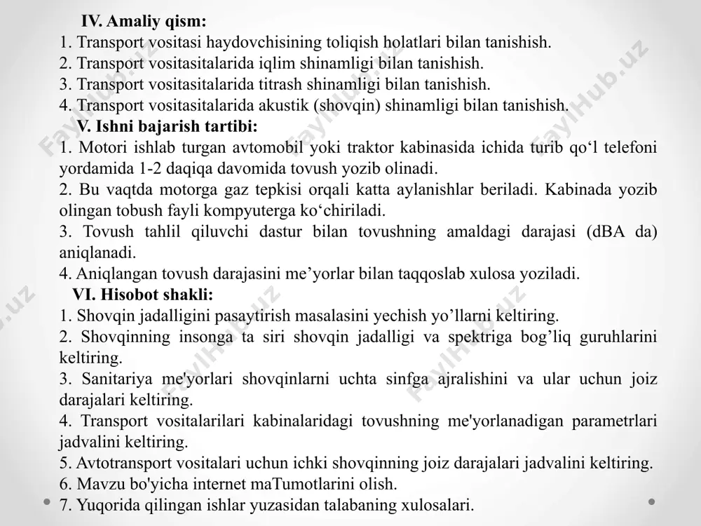 ri kabinalaridagi tovushning me'yorlanadigan parametrlari jadvalini keltiring. 5. avtotransport vositalari uchun ichki shovqinning joiz darajalari jadvalini keltiring. 6. mavzu bo'yicha internet matumotlarini olish. 7. yuqorida qilingan ishlar yuzasidan talabaning xulosalari. nazorat savollari 1. past darajadagi (60-75 db) shovqinning joiz chastotasi qancha? 2. insonning eshitish diapazoni qancha? 3. o‘rta chastotali shovqin qaysi bandda ko‘rsatigan? 4. transport vositalarilari kabinasidagi shovqinning meyorlangan chegaraviy qiymati qancha? /docprops/thumbnail.jpeg