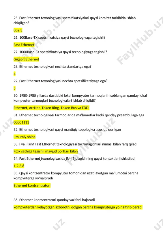 javobni aniqlang. cat1 39. token ring va arcnet tarmoqlarida foydalanilgan kabel kategoriyasini aniqlang cat2 40. lokal tarmoq 10base-t va token ring tarmoqlarida foydalanilgan kabel kategoriyasini aniqlang cat3 41. lokal tarmoq 10base-t, 100base-t4 tarmoqlarida foydalanilgan kabel kategoriyasini aniqlang cat4 42. lokal tarmoq 1000base-tx tarmog'ida foydalanilgan kabel kategoriyasini aniqlang cat5e 43. lokal tarmoq fast ethernet va gigabit ethernet tarmoqlarida foydalanilgan kabel kategoriyasini aniqlang cat6 44. halqaro standart iso 11801 sertifikatiga ega va ma'lumot uzatish tezligi 10 gigabit sekundgacha bo'lgan kabel kategoriyasini aniqlang cat7 45. kabelning qaysi turi yorug`lik oqimini uzatishga mo`ljallangandir? opriktolali 46. «kompyuter tarmoqlari» fanidan test sаvollаri №1 fan bobi – 1; bo’limi – 1; qiyinchilik darajasi – 1; № 1. quyida keltirilgan kompyuter tarmoqlarining qaysi biri avval paydo bo’lgan? global kompyuter tarmoqlari lokal kompyuter tarmoqlari kampuslar tarmog’i korporativ tarmoqlar № 2. to’rtta bir-biri bilan bog’langan bog’lamlar strukturasi (kvadrat shaklida) qaysi topologiya turiga mansub? xalqa yulduz to’liq bog’lanishli yacheykali № 3. …