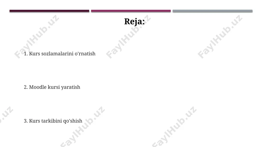 talaba uchun "ishchi guruhlari" formati samaraliroq bo'lishi mumkin. kurs yaratish jarayoni moodle-da har bir modul uchun (masalan, viktorina, forum) alohida vaqt chegaralari (masalan, topshiriq muddati 7 kun) o'rnatish imkoniyati mavjud bo'lib, bu o'quv jarayonini samarali boshqarishga yordam beradi. kursga o'quv materiallarini (masalan, 10 ta hujjat, 2 ta video) yuklashdan avval ularning nomlarini mantiqiy tartibda raqamlash yoki kodlash orqali tizimlashtirish tavsiya etiladi. kurs yaratishda dastlabki 3 ta asosiy qadam: nom berish, qisqacha tavsif yozish va kursning umumiy tuzilishini (masalan, 5 ta bo'limdan iborat bo'lishini) belgilash. baho tizimini sozlash baholash tizimini sozlashda, 4 turdagi baholash usullaridan (masalan, test, insholar, topshiriqlar va ishtirok) foydalanib, har bir vazifa uchun 100 ballgacha bo'lgan og'irlikni belgilashingiz mumkin. talabalarga darhol natijalarni ko'rsatish yoki natijalarni keyinroq e'lon qilish imkoniyatini beruvchi sozlamalar mavjud bo'lib, bu 2 xil yondashuv o'quv jarayoniga turlicha ta'sir ko'rsatishi mumkin. baholash tizimini sozlashda, o'rtacha ball, maksimal ball va minimal ball kabi ko'rsatkichlarni hisoblash va ko'rsatishni …