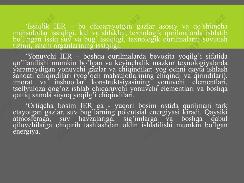 aslik uchun uning harorati 100 ° c dan oshmaydi. yopiq tizimlarda ham kondensat liniyalarida baklarga bosim ostida yig`iladi. bunday tizimlar yanada istiqbolli. yopiq tizimlarning kondensat liniyalarida bosimning pasayishi yoki bosimning chiqarilishi suyuqlikning bir qismini bug'lanishiga olib keladigan to'yinganlik haroratining pasayishiga olib keladi. uchib ketadigan bug' bilan birgalikda bu bug'ni ishlab chiqarishda qayta ishlatish mumkin. 1-rasmda yopiq kondensat yig'ish sxemasining elementi ko'rsatilgan. turli xil iste'molchi juft mashinalarning ishlash rejimi o'z vaqtida notekis bo'lishi mumkinligi sababli, bu juftlikning uskunaning notekis ishlatilishiga ham ta'sir qilishi mumkin. shu munosabat bilan, bug 'har xil, ammo yaqin parametrlarda ishlaydi. 1-rasm. yopiq tizimda kondensat issiqlikni qayta ishlash cxemasi 2-rasm. barabanli qozonining sxemasi (a) va umumiy ko'rinishi (b): 1 - baraban; 2 - nasos; 3 - bug'lanish yuzasi; 4 - ekonomayzer ancha vaqtdan buyon (taxminan о‘tgan asrning 50-chi yillarida) ies da elektr generatorni yurgizish uchun gazli turbinalar qо‘llanila boshlandi. bunda asosan yoqilg‘i о‘zgarmas bosimda yondiriluvchi gazli turbinalar qо‘llanila …