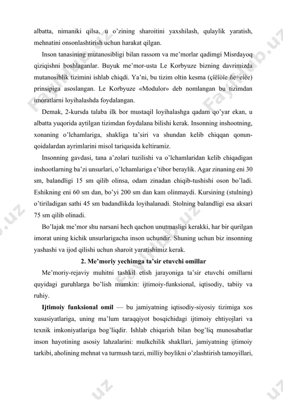 riga bog’liqdir. ishlab chiqarish bilan bog’liq munosabatlar inson hayotining asosiy lahzalarini: mulkchilik shakllari, jamiyatning ijtimoiy tarkibi, aholining mehnat va turmush tarzi, milliy boylikni o’zlashtirish tamoyillari, jamiyatning ijtimoiy-iqtisodiy, siyosiy va ma’naviy hayotining rivojlanish qonuniyatlarini belgilaydi. bularning hammasi arxitekturaning, boshqacha aytganda, sun’iy ijtimoiy-funksional muhitning shakllanishiga bevosita ta’sir ko’rsatadi. binodan qaysi maqsadda foydalanish ko’zda tutilganini ijtimoiy-funksional omil aniqlaydi. bu omil inson hayoti va faoliyatining aniq jarayonlariga bog’liqdir. funksional omil muhitni yaratuvchi jarayon sifatida muhitning shakl va o’lchamlarini belgilaydi. jamiyatning milliy g’oyasi va mafkurasi ham me’moriy muhitni yaratishdagi muhim ijtimoiy omildir. obyektiv borliq jamiyat ruhi, mafkurasi, ma’naviyati, maorifi, siyosiy va huquqiy bilimi, falsafiy, diniy, estetik dunyoqarashini o’zida aks ettirib, inson faoliyatiga hamda arxitektura va fazoviy muhitni shakllantirishga ta’sir ko’rsatadi. iqtisodiy omillarning arxitekturaga ta’siri kattadir, chunki farovon jamiyatning arxitekturasi ham iqtisodiy boylikdan kelib chiqib, go’zal, nafis, rang-barang va keng ko’lamli bo’ladi. aks holda, arxitektura sifatsiz, nursiz va juda sodda bo’lib qoladi. arxitektor qanchalik mahoratga boy …