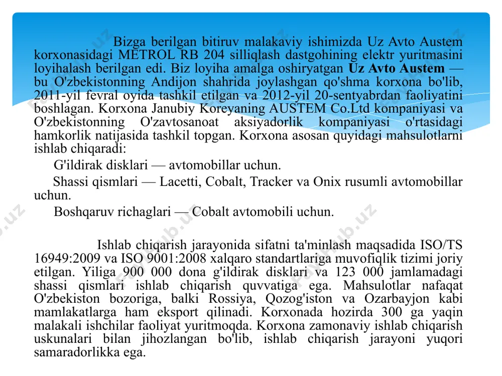 ini koʼndalang siljitish uchun dastak 7 koʼndalang uzatishni reverslash va toʼxtatish uchun dastak. 8 stolni “yurgizish”, “toʼxtatish” tugmachasi 9 stolni tezligini rostlash dastagi 10 stolni xarakatlanish tayanchi 11 silliqlash aylanasini tik uzatish dastagi 12 sovitish joʼmragi 13 stolni teskari yoʼnaltirish dastagi silliqlash dastgoxini boshqarish elektrosxemasi bunda m1, m2, m3–bosh yuritma (silliqlovchi tosh), gidronasos va sovitish suyuqligi uzatadigan elektrodvigatellar. silliqlash dastgoxi silliqlovchi doirani aylantirishga sarflanadigan quvvat quyidagi formulada topiladi: psd= fzυk, bt detalni aylantirishga ketadigan quvvat esa: pdet=, bt bunda υk-doirani aylanma tezligi (20-50 m/sek.); kesish kuchi fzqabul qilingan empirik formuladan topiladi: fz=c1r υi0,7 s0,7t0,6 , bunda c1r=9,81 sr , sr- oʼzgarmas koffitsient (chiniqtirilgan poʼlatga ishlov berilganda u 2,2ga teng, chiniqtirilmagan poʼlat uchun -2,1, choʼyan uchun esa – 2.0), υi – xomashyoni (zagotovkani) aylanma tezligi 15...25m/min ga teng s-uzatish (mm/ayl.), t-silliqlash chuqurligi (mm) yuqorida keltirilgan maʼlumotlardan kelib chiqib metrol rb 204 rusumli silliqlovchi dastgoxni bosh mexanizmi uchun elektrodvigatel tanlashga oʼtamiz. buning …