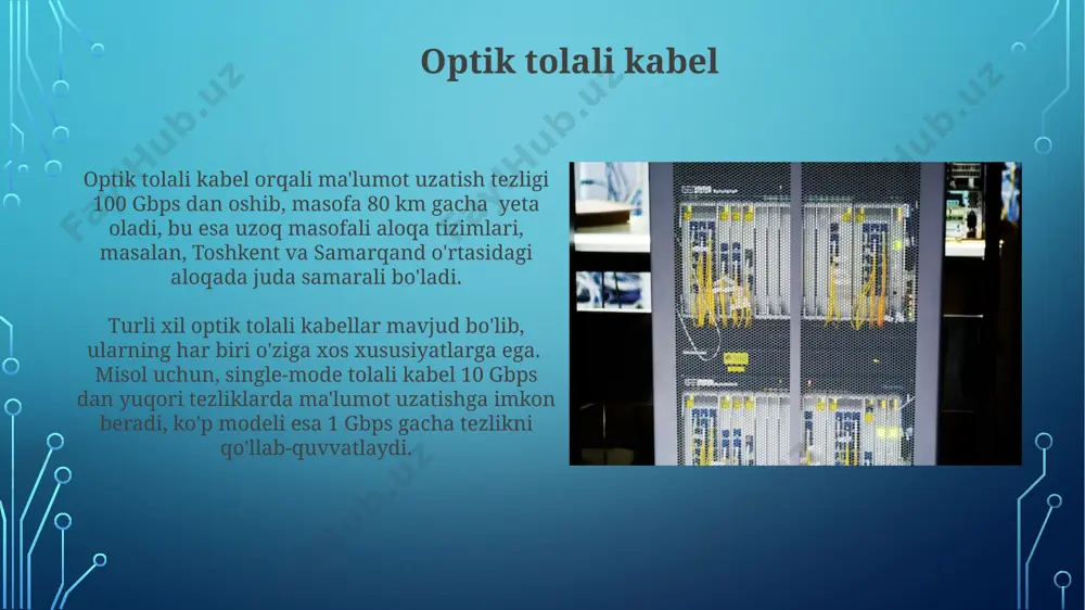 millionlab uy va bizneslarida keng qo'llaniladi, bu esa internetga simsiz ulanishni ta'minlaydi. bluetooth texnologiyasi 2.4 ghz chastota diapazonida ishlaydi va 10 metrgacha masofada kam quvvatli qurilmalar o'rtasida ma'lumot almashinuvini ta'minlaydi, bu esa uy va ofis qurilmalarini bog'lashda qulaylik yaratadi. tarmoq xavfsizligi тошкент шаҳридаги 1000 дан ортиқ компьютерлар тармоғидаги маълумотларни ҳимоя қилиш учун aes-256 шифрлашидан фойдаланиш киберхужумлардан 99% гача самарали ҳимоя таъминлайди. ip-телефония тизимларидаги хавфсизликка қарши 3-даражали таҳдидларни аниқлаш ва бартараф этиш учун саратовдан келган мутахассислар томонидан ишлаб чиқилган махсус дастурдан фойдаланиш тавсия этилади. tarmoq interfeyslari uyali aloqa tarmoqlari uchun gsm, umts va lte kabi turli xil interfeyslar mavjud bo'lib, ularning har biri ma'lumot uzatish tezligi va qamrov radiuslari bilan farq qiladi; masalan, 4g lte, 3g umts dan tezroq. ethernet tarmoq interfeysi, 10/100/1000 mbps tezlikda ma’lumot uzatishni ta’minlaydi va dunyoning deyarli barcha mamlakatlaridagi kompyuter tarmoqlarida keng qo‘llaniladi, masalan, aqsh va xitoyda. mis kabel turlari burunli sim (twisted pair) kabellar, kategoriyalariga (cat5e, …