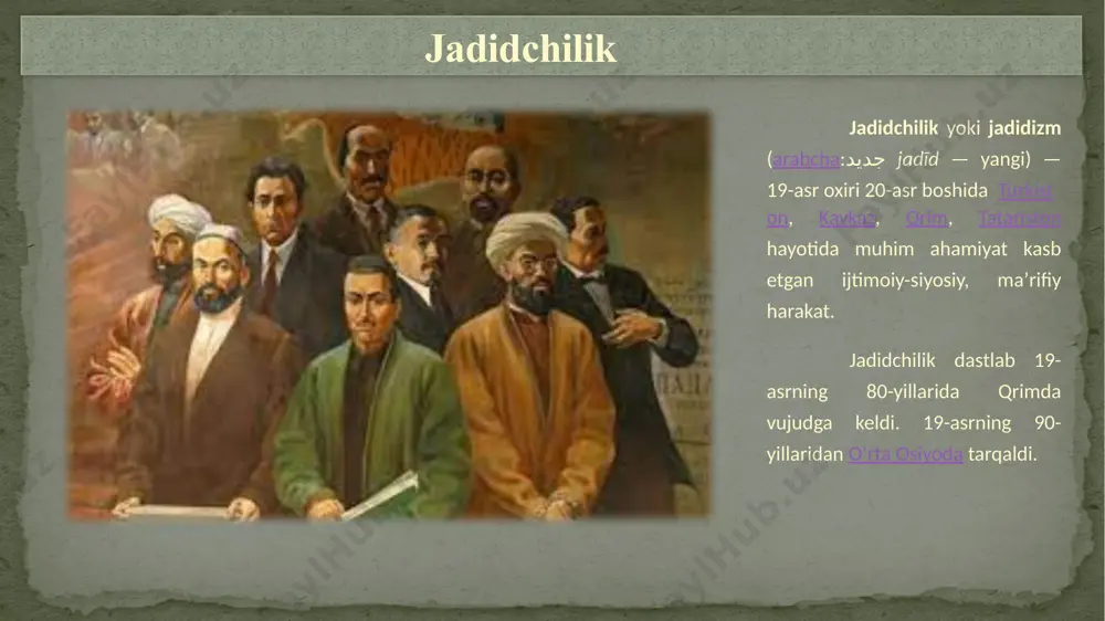 iy qoʻshin tuzish. toshkent, fargʻona, buxoro, samarqand va xivada hur fikrli va taraqqiy parvar kishilarning ayrim guruhlari tomonidan ochilgan madaniy-maʼrifiy yoʻnalishdagi jamiyat va uyushmalardan jadidchilik harakati shakllandi. jadidchilikning asosiy gʻoya va maqsadlari 6 mahmudxoʻja behbudiy, abduqodir shukuriy (shakuriy), ajziy (samarqand), munavvarqori abdurashidxonov, abdulla avloniy, majid qori qodiriy, ubaydullaxoʻja asadullaxoʻjayev (ubaydulla xoʻjayev), toshpoʻlatbek norboʻtabekov (toshkent), fitrat, fayzulla xoʻjayev, usmonxoʻja poʻlatxoʻjayev, abdulvohid burhonov, sadriddin ayniy, abdulqodir muhiddinov (buxoro), obidjon mahmudov, hamza, choʻlpon, isʼhoqxon ibrat, muhammadsharif soʻfizoda (fargʻona vodiysi), boltihoji sultonov, rahmonberdi madazimov, fozilbek qosimbekov (oʻsh uyezdi), polvonniyoz hoji yusupov, bobooxun salimov (xorazm) turardi. 7 turkiston mintaqasidagi jadidchilik harakati asoschilari turkiston jadidlari bilan buxoro va xiva jadidlari oʻrtasida bir muncha tafovut bor. turkiston oʻlkasidagi jadidchilikning ijtimoiy asosini ziyolilar tashkil qildi. ular chor rossiyasi mustamlakachiligiga qarshi kurashning oldingi saflarida turib, chorizmning xom ashyo manbaiga aylantirilgan turkistonning dastlab muxtor, soʻng mustaqil davlat boʻlishini yoqlab chiqdilar. 8 turkiston jadidchiligi buxorodagi jadidchilik turkistondagiga nisbatan ogʻir ijtimoiy-siyosiy sharoitda …