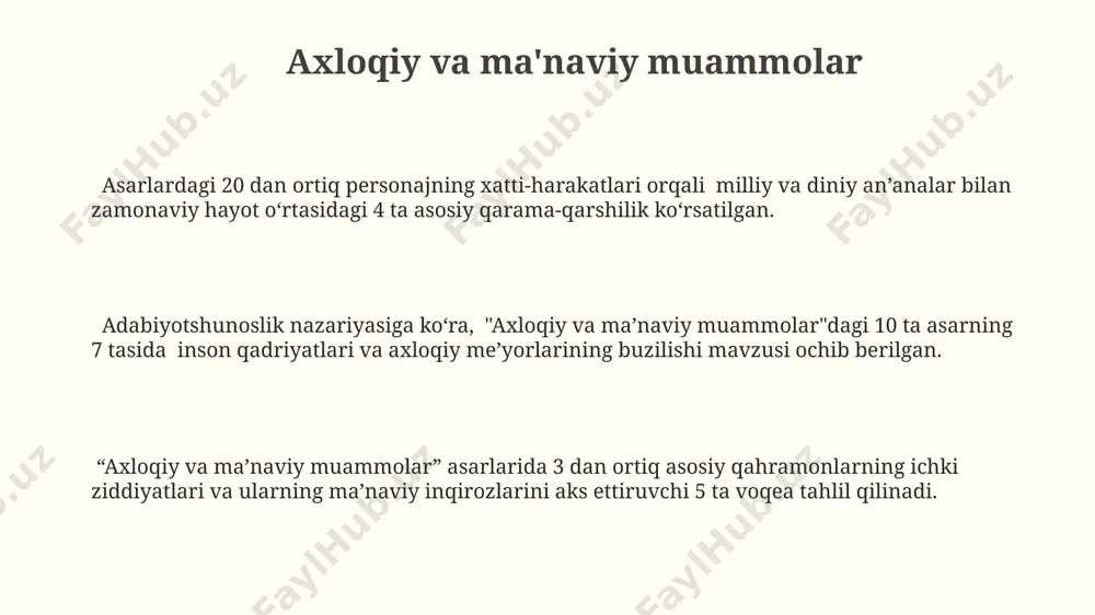 i aniqroq tasvirlaydi. adabiyotning ma'naviy ta'siri o'zbek adabiyotida 20-asrning ikkinchi yarmidan boshlab ma'naviy-axloqiy tarbiya masalalari 50 dan ortiq asarda markaziy mavzu sifatida ko'rsatilgan. badiiy asarlardagi obrazlar va voqealar orqali o'quvchilarning dunyoqarashi kengayadi, 15 yoshdan oshgan o'quvchilarning 70% ma'naviy boylikka ega bo'ladi. adabiyotning ma'naviy ta'siri o'quvchining axloqiy qarashlarini shakllantirishda muhim rol o'ynaydi, 30% dan ortiq asarlar insoniylik, mehr-oqibat kabi qadriyatlarni targ'ib qiladi. adabiyot orqali ma'naviy tarbiya klassik adabiyot namunalari orqali 5 ta asosiy ma’naviy qadriyat – vatan, oila, inson, taqdir, adolat tushunchalarini chuqurroq anglash va o‘zlashtirish mumkin. ma’naviy tarbiya jarayonida adabiyotning ta’siri 70% ga yaqin bo‘lib, yosh avlodning axloqiy-ma’naviy kamol topishida muhim rol o‘ynaydi. adabiyot asarlaridagi 30 dan ortiq hikoya va she’rlar orqali insoniy fazilatlar, mehr-oqibat, saxovatlilik kabi ma’naviy qadriyatlarni o‘rgatish mumkin. ma'naviy qadriyatlarning aks etishi adabiyotda, xususan, 19-20-asr o'zbek adabiyotida ma'naviy qadriyatlarning, 3ta asosiy qismga bo'lingan: insonparvarlik, vatanparvarlik va mehr-oqibatga oid 50 dan ortiq asarlar orqali ifodasi kuzatiladi. ma'naviy qadriyatlarning …