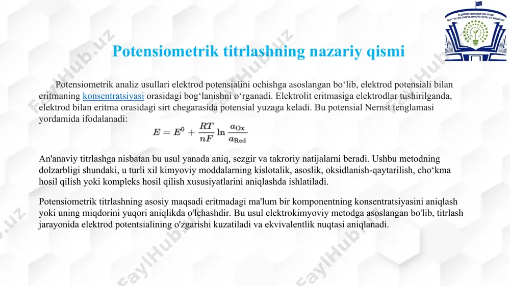 elektrod) kiritilgan, qo'rg'oshin simlarini ulash uchun elektrod qopqog'i bilan yopilgan va o'rnatilgan. titrlash jarayoni potensiometrik o‘lchashlarni avtomatlashtirishning qiyosiy bir qator potensiometrik yoki ionometrik titrlashlar uchun avtomatik asboblar– avtotitratorlar yaratishga imkon berdi. titrlash - aniqlangan tahlil qiluvchi moddaning (tahlil qilinadigan modda) kontsentratsiyasini aniqlash uchun miqdoriy kimyoviy tahlilning keng tarqalgan laboratoriya usuli hisoblanadi. titrant yoki titrator deb ataladigan reagent konsentratsiyasi va hajmi maʼlum boʻlgan standart eritma sifatida tayyorlanadi "titrlash" soʻzi fransuzcha titrer soʻzidan kelib chiqqan boʻlib, tangalardagi yoki oltin yoki kumushdan yasalgan buyumlardagi oltin yoki kumushning ulushini yaʼni noziklik yoki poklik oʼlchovi bildiradi; tiltre titrga aylandi, shu tariqa “qotishma oltinning nozikligi”, soʻngra “maʼlum namunadagi moddaning konsentratsiyasi” degan maʼnoni anglatadi. 1828-yilda fransuz kimyogari jozef lui gey- lyusak birinchi marta titrni (titr) sifatida ishlatgan, bu "maʼlum namunadagi moddaning konsentratsiyasini aniqlash" degan maʼnoni anglatadi. . potensiometrik titrlashni oxirgi nuqtasini aniqlash potensiometrik titrlashning yakuniy nuqtasi potentsialning keskin o'zgarishi bilan aniqlanadi, bu eritmadagi barcha tahlil qiluvchi moddalar …