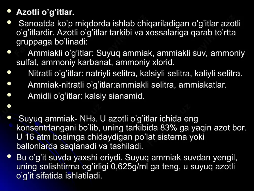 ashma holiday go’ng bilan birga solinsa, uning ta’sirchanligi yanada yuqori bo’ladi. bunda termofasfatning har kilogrammiga 6 kilogramm go’ng qo’shish kerak bo’ladi. fosfarit uni. bu modda quruq, mayday, kul rang qo’ng’ir tusli bo’lib, u suvda yaxshi eriydi. egorevsk, vyatsk,poipinsk, estoniya va boshqa konlardan olingan tabiiy qazilma hamda chig’anoq fosforitlar, fosforli moddalarni maydalash yo’li bilan hosil qilinadi. fosforit uni mushtlashmaydi,namiqmaydi,3,7%namlikda sochiluvchanligini yo’qotadi. fosforit uni o’simlik yaxshi o’zlashtira olmaydigan o’g’it hisoblanadi. o’rta osiyoning karbanatli tuproqlari –bo’z tuproqlarida va qalin qora tuproqlarida fosforit uni yaxshi samara bermaydi, ammo kislotali podzollashgan qora tuproqlarda u juda foydalidir. bu o’g’it qadimdan podzollashgan tuproqlarning kislotaliligini pasaytiradi va o’simlikka foydali ta’sir etadi. agar fosforit uni tuproqqa yetarli miqdorda solinsa, hosil faqat 1- yiligina emas, balki keyingi yillarda ham ortib boradi. 1- tajriba. ammoniy sulfatni aniqlash. ammoniy sulfat (nh4)2so4 suvda yaxshi eriydigan oq kristall moddadir. qisqich yordamida bir bo’lak pista ko’mir olib, uni gorelka alangasida qizdiring va cho’g’langan ko’mir ustiga …