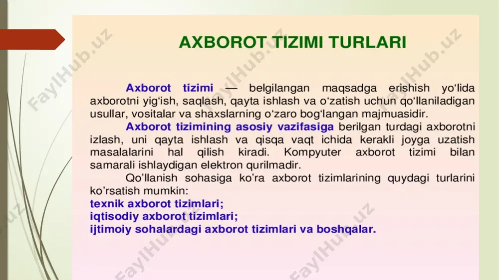 asosiy komponentlariga nimalar kiradi? ma’lumotlar bazasidan foydalanishning texnologiyasini sxematik tasvirlang? bilimlarga erishish bloki nimalarni aks ettiradi? mantiqiy xulosalar bloki nimalarni yaratadi? amalda ekspert tizimlaridan qanday foydalaniladi? axborot ta`minoti deganda nimani tushunasiz? axborot tizimlariga qo`yiladigan talablar haqida tushuncha bering e’tiboringiz uchun raxmat! image1.jpg image2.jpg image3.png image4.png image5.png image6.png image7.png image8.png image9.png /docprops/thumbnail.jpeg