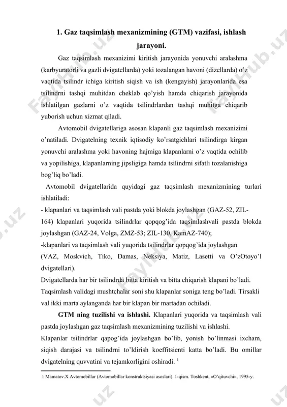 tda blokda joylashgan (gaz-24, volga, zmz-53; zil-130, kamaz-740); -klapanlari va taqsimlash vali yuqorida tsilindrlar qopqog’ida joylashgan (vaz, moskvich, tiko, damas, neksiya, matiz, lasetti va o’zotoyo’l dvigatellari). dvigatellarda har bir tsilindrda bitta kiritish va bitta chiqarish klapani bo’ladi. taqsimlash validagi mushtchalar soni shu klapanlar soniga teng bo’ladi. tirsakli val ikki marta aylanganda har bir klapan bir martadan ochiladi. gtm ning tuzilishi va ishlashi. klapanlari yuqorida va taqsimlash vali pastda joylashgan gaz taqsimlash mexanizmining tuzilishi va ishlashi. klapanlar tsilindrlar qapog’ida joylashgan bo’lib, yonish bo’linmasi ixcham, siqish darajasi va tsilindrni to’ldirish koeffitsienti katta bo’ladi. bu omillar dvigatelning quvvatini va tejamkorligini oshiradi. [footnoteref:1] [1: mamatov.x avtomobillar (avtomobillar konstruktsiyasi asoslari). 1-qism. toshkent, «o’qituvchi», 1995-y. ] ushbu gaz taqsimlash mexanizmi quyidagi qismlardan tashkil topgan: taqsimlash vali bilan uning shesternyasi, koromislolar bilan uning o’qi, klapanlar, prujinalar, maxamlovchi qismlar, sozlash vinti yo’naltiruvchi vtulka, turtgich va shtanga. bu mexanizm quyidagicha ishlaydi (5.1-rasm) taqsimlash vali 18 aylanganda uning mushtchasi turtgich …