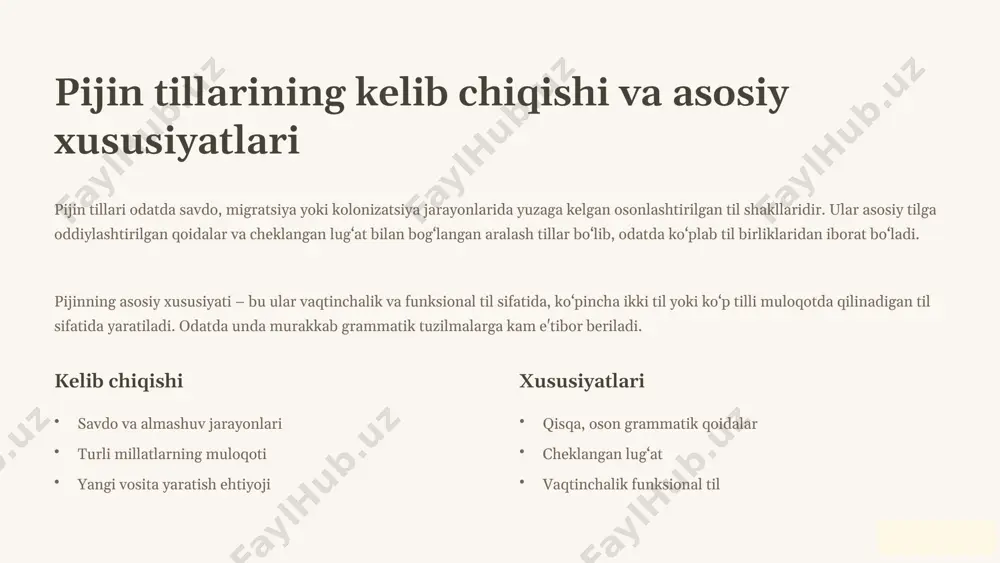 i madaniy va ijtimoiy identifikator 3 pijin va kreol tillarining hududiy tarqalishi pijin va kreol tillari dunyoning turli burchaklarida mavjud. pijin tillari ko‘pincha afrika, tinch okeani orollari va osiyo savdo markazlarida shakllangan. kreol tillari esa asosan karib dengizi, afrika qirg‘oqlari va janubi-sharqiy osiyo orollarida keng tarqalgan. hududiy xususiyatlar, tarixiy jarayonlar va madaniy aloqalar tillarning shakllanish va farqlanishida asosiy rol o‘ynaydi. bularni tahlil qilish tilshunoslar uchun muhimdir. afrika pijin tillari savdo orqali tarqalgan tinch okeani orollari kreol tillari mahalliy nutqga aylangan karib dengizi kreol tillari madaniyat asosi 4 pijin va kreol tillarining farqlari pijin va kreol tillari bir-biriga yaqin ko‘rinishiga qaramay, ularning asosiy farqlari mavjud. pijin vaqtinchalik, osonlashgan til bo‘lib, ko‘pincha chet ellik yoki aralash iqtisodiy muhitda foydalaniladi. kreol esa ona tili sifatida uzluksiz qo‘llaniladi va muayyan qoidalar asosida shakllangan. keling, ularning farqini asosiy jihatlari bo‘yicha ko‘rib chiqamiz: funksional doirasi, grammatik murakkabligi va madaniy ahamiyati. funktsional doira pijin: vaqtinchalik, tranzaksiya kreol: …
