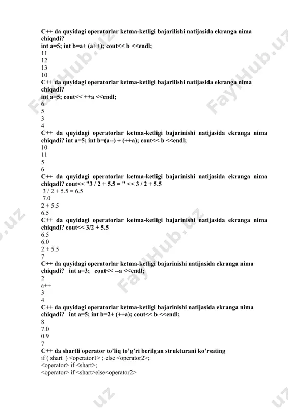 f real; for n:=1 to 10 do float; tizim so’zi ma’nosi tizim - qismlar yoki elementlar to‘plamidan tarkib topgan va o‘zaro bir-biri bilan bog‘langan aniq bir butunlik, yagonalik tashkil etuvchi degan ma’noni anglatadi. tizim - bu bir nechta elementlar to‘plami degan ma’noni anglatadi. tizim komyuter va uning qurilmalaridan tashkil topgan va ma’lumotlarni qayta ishlash degan ma’noni anglatadi. tizim – bu operatsion sistema bo’lib, komyuter va foydalanuvchilar degan ma’noni anglatadi. qo‘yilgan maqsadga erishish uchun o‘zaro aloqador vositalar va usullar to‘plami yordamida axborotni saqlash, qayta ishlash va uzatish deb nimaga aytiladi axborot tizimi telekommunikatsion tizim operatsion tizim texnologik tizim qaysi turdagi tizimlarda axborotlarga ishlov berish bo‘yicha barcha operatsiyalar, jumladan, axborotlarni yig‘ish va ularga ishlov berish inson tomonidan bajariladi qo‘lda bajariladigan axborot tizimlarida avtomatlashtirilgan axborot tizimlarida avtomat holda faoliyat yuritadigan axborot tizimlarida avtomatlashtirilgan loyihalash axborot tizimlarida qaysi turdagi tizimlarda boshqarish vazifalarini yoki ma’lumotlarga ishlov berishning bir qismi avtomatik, bir qismi esa inson tomonidan …