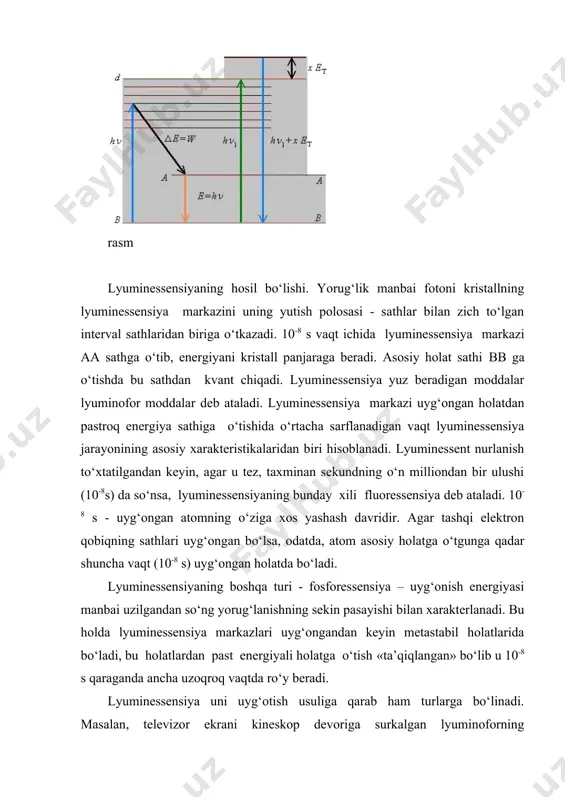 mida yotadi. lampa devoriga lyuminofor surkalgan bo‘lib, ultrabinafsha nurlanish ta’sirida turli rangda nurlanadi. lyuminoforlar aralashmasi ultrabinafsha nurlanishni yutib, spektrning ko‘rinadigan sohasida nurlaydi va yetarli darajada kunduzgi yorug‘lik spektrini hosil qiladi. elektromagnit nurlanish tomonidan uyg‘otilgan lyuminessensiyaning bunday xili fotolyuminesensiya deb ataladi. ingliz fizigi j.stoks 1852 yildayoq ushbu qoidani kiritgan edi: lyuminofor chiqaradigan yorug‘lik to‘lqini uzunligi uyg‘otuvchi yorug‘lik to‘lqini uzunligidan katta. stoks qoidasi yutish polosasining maksimumi lyuminessensiya polosasi maksimumiga nisbatan qisqa to‘lqinlar tomonga siljigan bo‘lishini bildiradi. rasm. stoks qoidasini tushuntiruvchi chizma stoks topgan bu qonuniyatni kvant mexanikasi tasavvurlari asosida oddiygina tushuntirish mumkin. lyuminessensiya markazi energiyali fotonni yutib, energiya sathiga ko‘tarila olmaydi (15.2-rasmga qarang). lyuminessent kvant energiyasi har doim dan kichik. oraliq sath yeor ga o‘tilganda energiya chiqadi. kvant energiyasi w ning bir qismi boshqa jarayonlarga ham sarflanishi mumkin. baribir istisnosiz qoidalar bo‘lmaydi: ba’zi hollarda antistoks nurlanish kuzatiladi. bu holatda foton energiyasiga lyuminessenlovchi modda zarralarining bir qismi qo‘shiladi. ximiyaviy reaksiyalar energiyasi - lyuminessensiyani …