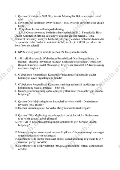 oʻzbekiston tarixi savol-banki (85 ta savol) — DOCX