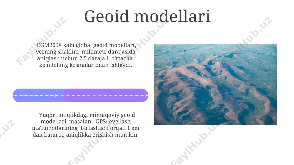 ga nisbatan 30 sm gacha bo'lgan o'rtacha og'irlik kuchining potentsial yuzasi bo'lib, unda o'rtacha dengiz sathining aniq ifodasini beradi. kvazigeoidni aniqlash usullari kvazigeoidning balandliklarini aniqlashda 2d yoki 3d geostatistika usullari, masalan, kriging, kuzatilgan ma'lumotlar oralig'idagi korrelyatsiyani hisobga olgan holda interpolatsiya amalga oshirish uchun qo'llaniladi. molekulyar gravitatsion modellaridan foydalanish, masalan, egm2008 yoki grace missiyasi ma'lumotlari, kvazigeoidni global miqyosda aniqlash va regional modellashtirish uchun qo'llaniladi, bu esa 10 sm gacha aniqlikni ta'minlaydi. e'tiboringiz uchun rahmat @taqdimot_robot image4.jpg image5.jpg image6.jpg image7.jpg image8.jpg image9.jpg image10.jpg image11.jpg image12.jpg image13.jpg image14.jpg image15.jpg image16.jpg image17.jpg image18.jpg image19.jpg image20.jpg image1.jpeg image2.jpeg image3.jpeg