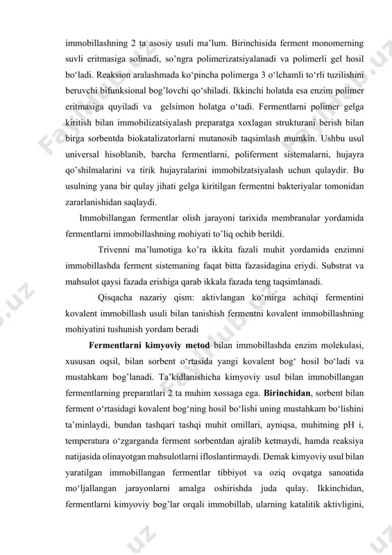 lashning mohiyati to’liq ochib berildi. trivenni ma’lumotiga ko’ra ikkita fazali muhit yordamida enzimni immobillashda ferment sistemaning faqat bitta fazasidagina eriydi. substrat va mahsulot qaysi fazada erishiga qarab ikkala fazada teng taqsimlanadi. qisqacha nazariy qism: aktivlangan ko‘mirga achitqi fermentini kovalent immobillash usuli bilan tanishish fermentni kovalent immobillashning mohiyatini tushunish yordam beradi fermentlarni kimyoviy metod bilan immobillashda enzim molekulasi, xususan oqsil, bilan sorbent o‘rtasida yangi kovalent bog‘ hosil bo‘ladi va mustahkam bog’lanadi. ta’kidlanishicha kimyoviy usul bilan immobillangan fermentlarning preparatlari 2 ta muhim xossaga ega. birinchidan, sorbent bilan ferment o‘rtasidagi kovalent bog‘ning hosil bo‘lishi uning mustahkam bo‘lishini ta’minlaydi, bundan tashqari tashqi muhit omillari, ayniqsa, muhitning ph i, temperatura o‘zgarganda ferment sorbentdan ajralib ketmaydi, hamda reaksiya natijasida olinayotgan mahsulotlarni ifloslantirmaydi. demak kimyoviy usul bilan yaratilgan immobillangan fermentlar tibbiyot va oziq ovqatga sanoatida mo‘ljallangan jarayonlarni amalga oshirishda juda qulay. ikkinchidan, fermentlarni kimyoviy bog’lar orqali immobillab, ularning katalitik aktivligini, barqarorligi oshirish mumkin. shu bilan birga biz …