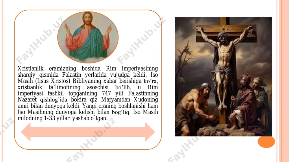 i anglatadi.  uning tarkibiga kirgan yahudiy diniga talluqli kitoblar «qadimiy ahd» deb, xristian talimotiga tegishli kitoblar «yangi ahd» deb nomlanadi. «yangi ahd» xudoning barcha odamzod bilan tuzgan, isoning gunohkorlar o`rniga qurbon bo`lib, to`kkan qoni asosida kuchga kirgan abadiy tinchlik bitimi va bu bitimning shartlarini o`z ichiga olgan. «yangi ahd» - injil deb ham ataladi.  «yangi ahd» 27 kitobdan – 4 ta injil (xushxabar), havoriylarning faoliyati, 21 maktub va ioann (yuhanno) «vahiynomasi»dan iborat. i n j i l injil - xushxabar ma`nosini anglatadi. yangi ahd tarkibiga kirgan injil 4 ga bo’linadi. 1) matvey injili; 2) marko injili; 3) luka injili; 4) ioann injili.  hozirgi bibliya katolik nashrlarida 72 ta kitobdan, protestant nashrlarida esa 66 kitobdan iborat. xristianlar qadimiy ahdni «rivoyatlar kitoblari», «ta`limotlarga kitoblari»ga, «payg’ambar kitoblari»ga bo’lishadi. ular yangi ahdning 27 kitobini ham shunday tasnif qiladilar. «rivoyatlar kitoblari»ga «injil» va «havoriylar faoliyati» kitoblari kiradi. «ta`limotlar»ga «havoriylar maktublari» kiradi, «payg’ambarlar …