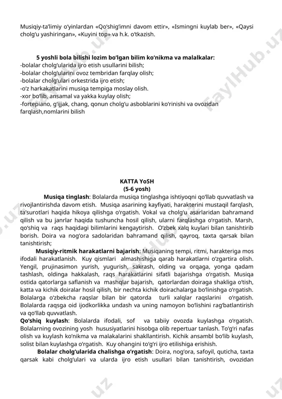 tempiga moslay olish. -xor bo‘lib, ansamal va yakka kuylay olish; -fortepiano, g‘ijjak, chang, qonun cholg‘u asboblarini ko‘rinishi va ovozidan farqlash,nomlarini bilish katta yosh (5-6 yosh) musiqa tinglash: bolalarda musiqa tinglashga ishtiyoqni qo‘llab quvvatlash va rivojlantirishda davom etish. musiqa asarining kayfiyati, harakterini mustaqil farqlash, ta’surotlari haqida hikoya qilishga o‘rgatish. vokal va cholg‘u asarlaridan bahramand qilish va bu janrlar haqida tushuncha hosil qilish, ularni farqlashga o‘rgatish. marsh, qo‘shiq va raqs haqidagi bilimlarini kengaytirish. o‘zbek xalq kuylari bilan tanishtirib borish. doira va nog‘ora sadolaridan bahramand qilish, qayroq, taxta qarsak bilan tanishtirish; musiqiy-ritmik harakatlarni bajarish: musiqaning tempi, ritmi, harakteriga mos ifodali harakatlanish. kuy qismlari almashishiga qarab harakatlarni o‘zgartira olish. yengil, prujinasimon yurish, yugurish, sakrash, olding va orqaga, yonga qadam tashlash, oldinga hakkalash, raqs harakatlarini sifatli bajarishga o‘rgatish. musiqa ostida qatorlarga saflanish va mashqlar bajarish, qatorlardan doiraga shakliga o‘tish, katta va kichik doiralar hosil qilish, bir nechta kichik doirachalarga bo‘linishga o‘rgatish. bolalarga o‘zbekcha raqslar bilan …