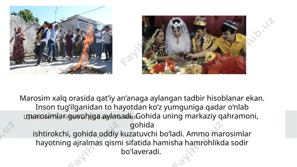 uzgi marosimlar shamol chaqirish; qishki marosimlar yas-yusunlardan iboratdir. yomg‘ir chaqirish marosimi, asosan, bahorda yomg'ir yog‘magan yillarda o‘tkazilgan. qadimda muqaddas yada toshi bo‘lgan ekan. mana shu tosh yordamida yomg'ir chaqirishgan. mahmud koshg‘ariy “devonu lug‘oti-t-turk” asarida shaxsan o‘zi yoz kunlarida yong'in bo‘lganda, bu tosh mo'jizasi bilan yomg‘ir chaqirilib, yong'in o‘chirilganiga guvoh bo‘lganini yozadi. “doston” so‘zi fors tilidan olingan bo'lib, “qissa”, “hikoya”, “tarix” ma’nolarini ifodalaydi. o‘zbek badiiy adabiyotida dostonlar yaratilish usuliga ko‘ra ikki xil bo'ladi. birinchi turi yozma adabiyot vakillari tomonidan har bir bandi masnaviy - ikki misradan iborat, faqat she’riy shaklda yaratiladi. yusuf xos hojibning «qutadg‘u bilig», navoiyning «xamsa» asaridagi beshta doston va hokazolar. yozma adabiyotdagi dostonlar aruz vaznida yoziladi. individual ijod mahsuli hisoblanadi. binobarin, yozma adabiyotdagi dostonlar yakka shaxs ijodi an’analari asosida vujudga keladi. “doston” so‘zining yana bir ma’nosini ham bilib olish kerak. bu - el orasida gapirilmoq, kuylanmoq, og’izga tushmoq demakdir. demak, dostonlarda ishtirok etgan qahramonlar, bir tomondan, asardagi obraz …