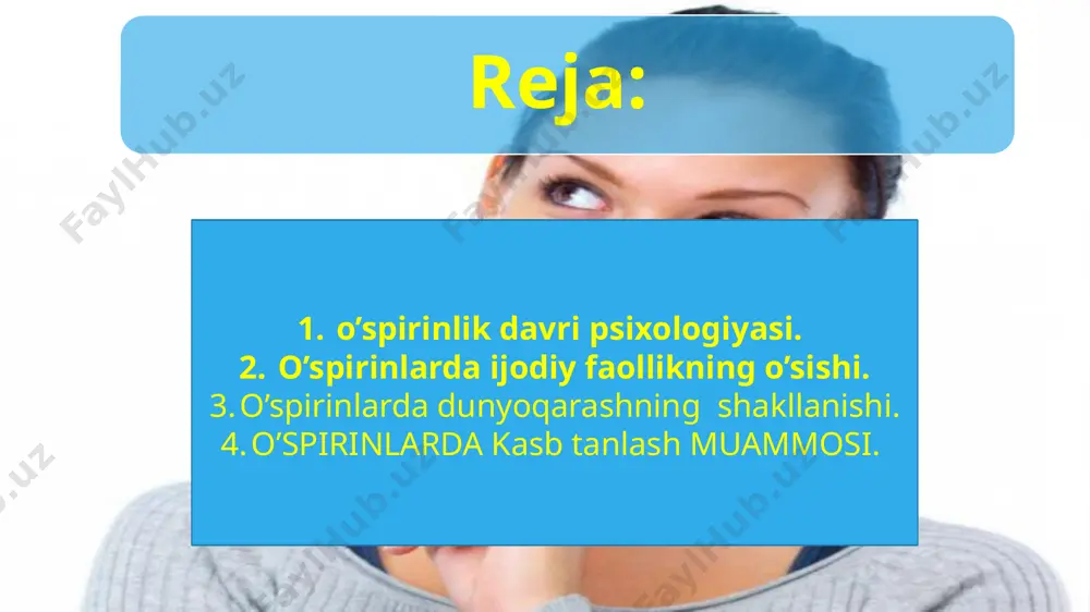 rigaijtimoiybahoberish–o‘quvchinimehnatgapsixologikjihatdantayyorlashningzarurtomonlaridanbiridir. ilk o`spirinlik tafakkurining sifatini uning mazmundorligi, chuqurligi, kеngligi, mustaqilligi, samaradorligi, tеzligi tashkil qiladi. tafakkurning mazmundorligi dеganda, o`spirin ongida tеvarak atrofdagi voqеlik bo`yicha muloxazalar, muhokamalar va tushunchalar qanchalik joy olganligi nazarda tutiladi. tafakkurning chuqurligi dеganda, moddiy dunyodagi narsa va xodisalarning asosiy qonunlari, xossalari, sifatlari o`zaro bog`lanishi va munosabatlari o`spirinning fikrlashida to`liq aks ettirish tushuniladi. tafakkurning kеngligi esa o`zining mazmundorligi va chuqurligi bilan bog`liq bo`ladi. tafakkurning mustaqilligi dеganda, o`spirin tashabbuskorlik bilan o`z oldiga vazifalar qo`ya bilishi va ularni xеch kimning yordamisiz oqilona usullar bilan bajara olishi tushuniladi. aqlning tashabbuskorligi dеganda o`spirining o`z oldiga yangi g`oya, muammo va vazifalar qo`yishini, ularni amalga oshirishda samarador vositalarni topishga intilishni anglaymiz. v. a. krutеtskiy o`spirinlarda uchraydigan motivlardan quyidagilarni alohida ifodalaydi: a) biror o`quv faniga qiziqish; b) vatanga foyda kеltirish istagi (o`ziga xos psixologik xususiyatini hisobga olmagan xolda); v) shaxsiy qobiliyatini rukach qilish; g)oilaviy an'analarga rioya etish (vorislik); d) do`stlari va o`rtoqlariga ergashish; е) ish joyi …
