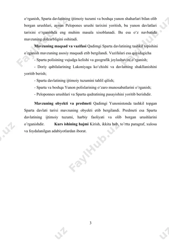 ijtimoiy tuzumi. 1.1 qadimgi sparta davlatining tashkil topishi jahon xalqlarini tarixini chuqurroq oʻrganish, tarixan hamda hozirda mamlakatimizda yuz berayotgan jarayonlarni aniq anglash, tahlil qilish, tegishli xulosalar chiqarishimizda bizga keng koʻlamli imkoniyatlarni taqdim qiladi. sparta polisi va davlatini vujudga kelishi doriy qabilalarining bosqinchilik yurishlarini tugallanishi bilan bogʻliq holda vujudga keldi. miloddan avvalgi xii-xi asrlarda doriy qabilalari peloponnes hududiga kelib oʻrnashadilar va miloddan avvalgi xi-viii asrlarning birinchi yarida mahalliy qabilalar bilan hukmronlik uchun uzoq vaqt davomida kurashlar olib boradilar[footnoteref:2]. miloddan avvalgi x asrga kelib peloponnes yarim orolining janubidagi lakonika hududi yevrot daryosining oʻrta oqimida sparta manzilgohi vujudga keladi. qadimgi yunonlar sparta davlatini odatda lakedemon deb ataganlar. koʻpchilikdoriy qabilalari-boʻlgusi sparta fuqorolari beshta qishloqqa kelib oʻrnashadilar. jozef oberning fikrlariga koʻra sparta aholisi v asrda yevrot daryosining janubiy sohilidagi unumdor yerlarni egallagan, ajoyib togʻlar bilan oʻralgan joylarni egallagan qishloqlar toʻplami – sparta markaziy pelopannesni tashkil etgan deyiladi. qadimgi spartada eng muhim va asosiy iqlim omili …
