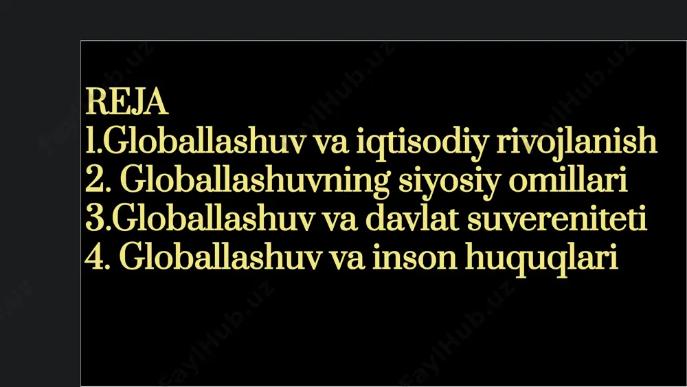 rf-odatlar saqlanib qoladi. butun dunyo globallashuv dunyoni bir butun kuchli madaniy tizimga aylantiradi. 8 globallashuv va inson huquqlari 1 imkoniyatlar globallashuv ijtimoiy-iqtisodiy rivojlanish va odamlarning huquqlari himoyasini kuchaytiradi. 2 xavf-xatarlar shuningdek, inson savdosi, mehnat huquqlari buzilishi va boshqa muammolarga olib kelishi mumkin. 3 tartibga solish shu bois, globallashuvni maqsadli boshqarish va qonuniy me'yorlarni takomillashtirish muhim. 9 globallashuvning maqsadli boshqaruvi: milliy siyosatlar iqtisodiy siyosat erkin savdo, soliq tizimi, investitsiyalar uchun qulay muhitni yaratish ijtimoiy siyosat ish o'rinlari yaratish, ta'lim va malakani oshirish, fuqarolik jamiyatini rivojlantirish ekologiya siyosati ekologik xavfsizlikni ta'minlash, "yashil" texnologiyalarni joriy etish 10 globallashuv: yangi imkoniyatlar va yangi muammolar yangi imkoniyatlar o'sish va rivojlanish uchun yangi bozorlar va resurslar, texnologik hamkorlik, madaniy almashinuv. yangi muammolar ijtimoiy, ekologik, siyosiy barqarorlik uchun yangi xavf-xatarlar, milliy manfaatlarning chegaralanishi. 11 xulosa va istiqbollar globallashuv jarayoni iqtisodiy va siyosiy yuksalish uchun muhim imkoniyatlar bilan birga, yangi muammolarga ham olib kelmoqda. mamlakat rivojlanishi uchun globallashuv …