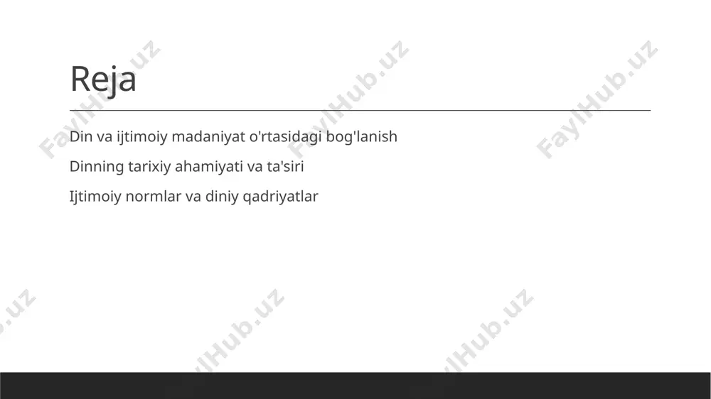 aniyat o'rtasidagi o'zaro ta'sir, ijtimoiy normalarni belgilaydi va madaniy identitetni mustahkamlashda muhim ahamiyatga ega. dinning tarixiy rivojlanishi: o'zbekistonda diniy meros va uning ta'siri. 01 din va tarix o'zbekistonda dinning tarixi ming yillik an'analarga borib taqaladi. islom, zardushtiylik va boshqa dinlar tarixiy rivojlanishda muhim rol o'ynagan. 02 diniy meros o'zbekistonda diniy meros me'moriy obidalar, masjidlar va madrasalar orqali namoyon bo'ladi. samarqand va buxorodagi tarixiy joylar bu merosning ajralmas qismidir. 03 ijtimoiy ta'sir din, o'zbekiston jamiyatida ijtimoiy qadriyatlar va me'yorlarning shakllanishida muhim omil bo'lib, aholi orasida birlik va birdamlikni ta'minlaydi. 04 zamonaviy moslashuv zamonaviy o'zbekistonda din, globalizatsiya jarayonlariga moslashib, aholi orasida diniy identitni saqlab qolish va rivojlantirishda davom etmoqda. dinning ijtimoiy strukturalar va madaniyatga qo'shgan hissasi. dinning ijtimoiy roli madaniyatga ta'siri ijtimoiy normlar din, ijtimoiy strukturalar orqali aholi orasida birlashuv va hamjihatlikni ta'minlaydi, bu esa barqarorlik va tinchlik muhitini yaratadi. din, madaniyatni shakllantirishda muhim o‘rin tutadi, an'anaviy qadriyatlar va marosimlar orqali o'ziga …