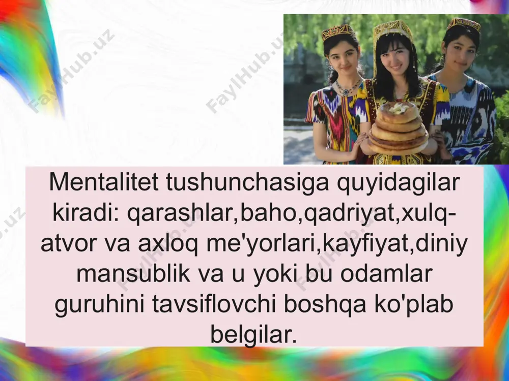 qator katta bo'limlarni o'z ichiga oladi.belgilar paydo bo'ladi:me'moriy tuzilmalarning bir qismi: saroylar, qal'alar ,cherkovlar( bir vaqtning o'zida. diniy ramzlar);san'at va ilm-fanning mashhur asarlari (kitoblar, rasmlar va boshqalar).bu ramzlar turli davrlardagi odamlarning fikrlari, tajribalari, ko'nikmalari va irodasining "pıhtıları" dir va buning natijasida katta etnopsikologik ahamiyatga ega. og'zaki madaniyat sohasidan: milliy alifbosi, uning yaratilishi xalq madaniyatini rivojlantirishda yangi bosqichning boshlanishini belgilaydi. milliy ramz shaklidagi alfavit turli mavzularda va san'at asarlarida takrorlanadi va bu mavzularning qaysi madaniyatga tegishli ekanligini darhol ko'rsatadi.milliy ramzlar ham eng qudratli, iste'dodli badiiy va tarixiy asarlar, xalqning donoligi to'plangan va uning tilining imkoniyatlari mujassam bo'lgan falsafiy asarlardir.madaniyatning eng taniqli shaxslari ham ramziy ma'noga ega: olimlar, yozuvchilar, san'atkorlar – etnosning o'z-o'zini anglashiga hissa qo'shgan, ushbu millat vakillarining mag'rurlanishiga sabab bo'lgan odamlar. etnik ramzlarning mazmuni bo'yicha turlari etnik "i-kontseptsiya" (identifikatsiya)ni ifodalovchi ramzlar. etnik xarakterni ifodalovchi ramzlar. etnosublikatsiya jarayonlari ifodalangan ramzlar. himoya mexanizmlari va jarayonlarining ramzlari, shuningdek, har doim ham ma'lum bo'lmagan …