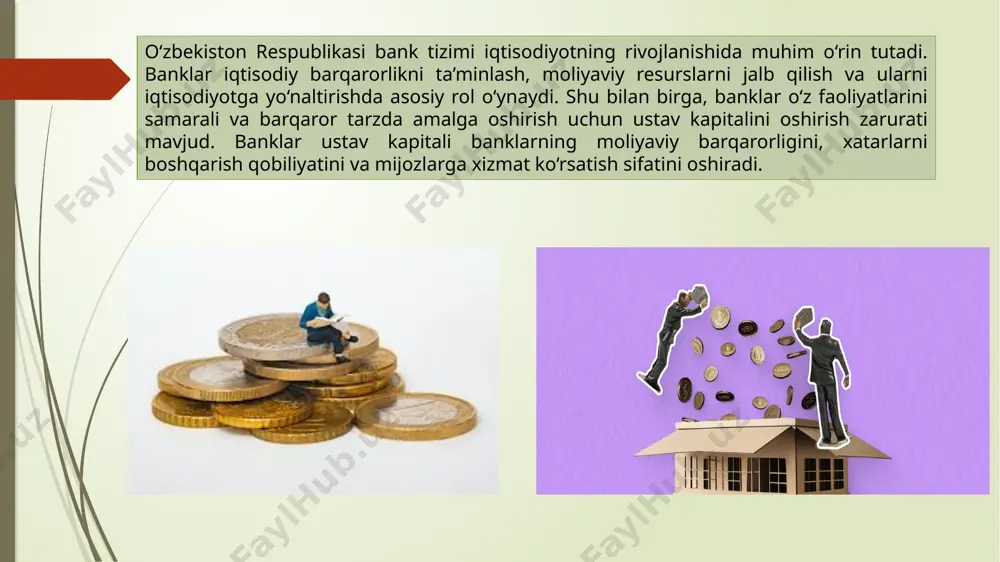 ubha bilan qarashlari mumkin, ayniqsa iqtisodiyotning noaniq sharoitlarida. kapitalni oshirish uchun zarur bo‘lgan mablag‘larni jalb qilishda banklarning moliyaviy xatarlarini sarmoyadorlar yaxshi baholay olmaydi. bu, o‘z navbatida, kapitalni oshirish jarayonini sekinlashtiradi. kapital oshirish muammolarini bartaraf etish takliflari davlat yordamida qo‘llab-quvvatlash davlat tomonidan kichik va o‘rtacha banklarga ustav kapitalini oshirishda yordam berish mumkin. misol uchun, subsidiya yoki imtiyozli kreditlar taqdim etilishi banklarga o‘z kapitalini oshirishda yordam beradi. shuningdek, banklarga kapitalni oshirish uchun vaqtinchalik yengilliklar taqdim etish, masalan, foiz stavkalarining qisqarishi yoki soliqqa oid imtiyozlar berilishi mumkin. investitsiya strategiyalarini yaxshilashbanklar o‘z ustav kapitalini oshirish uchun investitsiya strategiyalarini optimallashtirishlari lozim. xalqaro kapital bozorlaridan foydalanish, yangi investitsiya instrumentlarini (masalan, ipo, bondlar chiqarish) qo‘llash, banklar uchun yaxshi natijalar berishi mumkin. shuningdek, fintech sektori orqali raqamli texnologiyalarni joriy etish banklarga kapitalni oshirish uchun qo‘shimcha imkoniyatlar yaratadi.iqtisodiy barqarorlikni ta’minlashiqtisodiy barqarorlikni ta’minlash uchun hukumatning moliyaviy siyosati muhim ahamiyatga ega. davlatning inflyatsiyani nazorat qilish, valyuta kursini barqarorlashtirish va iqtisodiy o‘sish …