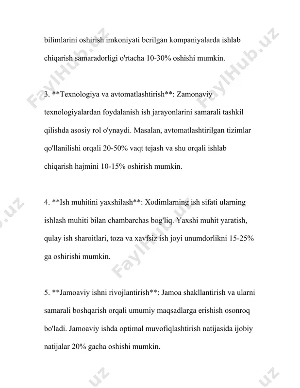 at unumdorligini oshirishda muhim rol o‘ynaydi. yaxshi transport va kommunikatsiya tarmog‘i ishchilar va ishlab chiqarish manbalariga oson kirish imkonini beradi va bu tizimlar samaradorligini oshiradi. 2000-yildan 2020-yilga qadar xitoyning iqtisodiy rivojlanish sur'atlari bevosita mehnat unumdorligidagi o‘sish bilan bog‘liq edi. xitoy xalq respublikasi ma’lumotlariga ko‘ra, bu davrda mehnat unumdorligi yiliga o‘rtacha 9% o‘sishni qayd etgan. shu bilan birga mamlakatning iqtisodiy o‘sishi ham juda yuqori bo‘lib, yim o‘z davrida yiliga ikki raqamli ko‘rsatkichlarga erishgan. umuman olganda, iqtisodiy o‘sishni qo‘llab-quvvatlash uchun mehnat unumdorligini oshirish bo’yicha strategik chora-tadbirlar va islohotlar davlatlar uchun zarur hisoblanadi. bu jarayonlar infratuzilma rivoji, ta'lim sifatining oshirilishi, texnologiyalarni joriy qilish va innovatsion faoliyatni rag‘batlantirish orqali amalga oshiriladi. 3. texnologik innovatsiyalar va mehnat unumdorligi texnologik innovatsiyalar va mehnat unumdorligi sohasida yirik o'zgarishlar kuzatilmoqda, chunki yangi texnologiyalar joriy etilishi mehnat unumdorligini sezilarli darajada oshiradi. texnologik innovatsiyalar nafaqat ishlab chiqarish jarayonlarini avtomatlashtirishni osonlashtiradi, balki yangi ish joylarini yaratishga ham imkon beradi. masalan, xalqaro …