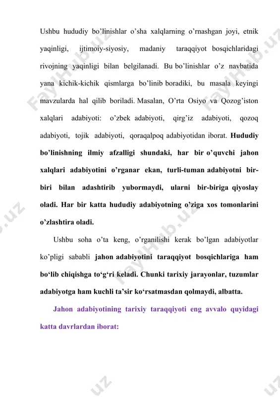 yotni ham bir chiziqqa olib keladi. 3.jahon adabiyotining antik davri: vavilon, misr, hind, xitoy, yunon, rim va turkiy tillar adabiyoti. adabiyotning o’zini anglash ehtiyoji uning o’ziga egiz tug’ilgan, desak, aslo mubolag’a bo’lmaydi. negaki, badiiy ijod tabiati, adabiyotning mohiyati va vazifalari haqidagi o’y-mulohazalar bizgacha yetib kelgan eng ko’hna yozma manbalarda ham uchraydi. shuni ham qayd etish lozimki, ko’hna yozma manbalar orasida ilmiy muomalada kengroq ommalashgani va chuqurroq o’rganilgani qadimgi yunon-rim yozma yodgorliklaridir. shu bois ham qadimiyat haqida so’z ketganda ko’proq shu manbalarga tayaniladi. holbuki, qadim shumer yoki misr, xitoy yoki hind madaniyati ahamiyati jihatidan aslo kam emas, biroq yuqoridagi sabablarga ko’ra ularni istifoda etish hozircha qiyinroq. masalaning yana bir jihatini ham e’tiborda tutmoq zarur: aslida, agar folklorning yozma adabiyotdan qadimiyligini e’tiborga olsak, adabiyot haqidagi qarashlarning ildizlari xalq og’zaki ijodidan suv ichishi tayin. biroq bu haqiqatni e’tirof etgan holda, xalq og’zaki ijodi namunalarining yozuvda muhrlanishi keyingi davrlarda amalga oshgani, bunga qadar ularning …