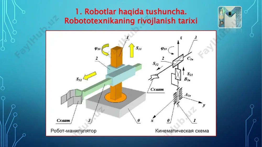 qadagi boshqaruv blogi. bio-electric signal sensors – bioelektrik signal datchiklari. floor reaction force sensor – polga ta’sir qiluvchi kuchlarni o‘lchovchi datchik. «hal 9000» ekzoskeleti 2. robot boshqaruviga inson aralashuvi darajasi bo‘yicha sinflanishi inson tomonidan boshqarish pulti orqali boshqariluvchi robotlar inson tomonidan boshqarish pulti orqali boshqariladigan robotlar – pultda, klavishlar yoki dastaklar tizimi va axborotni ko‘rsatish vositalari yordamida boshqariluvchi robotlar. robot uchun harakatga da’vat inson tomonidan boshqarish pultidan ijrochi yuritmalar tizimi orqali beriladi. 2. robot boshqaruviga inson aralashuvi darajasi bo‘yicha sinflanishi yarimavtomatik robotlar yarimavtomatik robotlarda qo‘l yordamida va avtomatik boshqarish birgalikda olib boriladi. nazorat boshqaruviga ega robotlar ham yarim avtomatik robotlarga tegishli: qachonki, operator robotga qo‘shimcha ma’lumot to‘g‘risida habar berib, uning harakatlariga aralashganda (masalan, kerakli harakatlar ketma-ketligini ko‘rsatib, maqsadli belgidan foydalangan holda). kuka quantec press yarimavtomatik sanoat robotisam (semi-automated mason) g‘isht teruvchi yarimavtomatik roboti 2. robot boshqaruviga inson aralashuvi darajasi bo‘yicha sinflanishi avtomatik (avtomon) robotlar robotlarning keying muhim sinfi – bu …