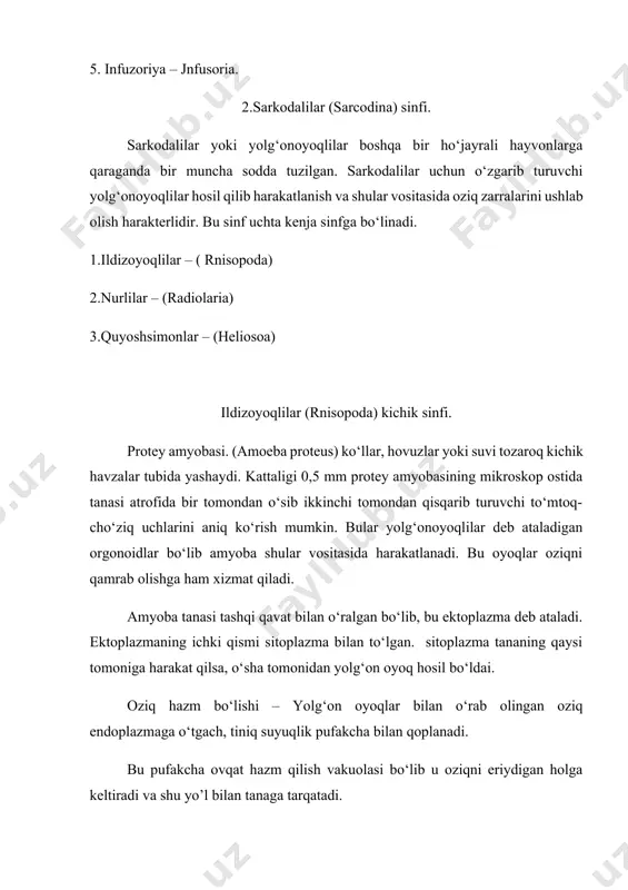 asdan ichakdagi mikroblar bilan oziqlanadi. lekin ichburug‘ amyobasi (entamoeba histolytica) kо‘p hollarda ichak devorlarida yara hosil qilib, ancha og‘ir о‘tadigan qonli ichburug‘ (dizenteriya - amyoba) hastaligi keltirib chiqaradi. bularning sistalari odam najasi bilan tashqariga chiqib turadi. sistalangan amyoba 2-3 oygacha tiriklik hususiyatini saqlay oladi. bu kasallik asosan issiq va subtropik mamlakatlarda kо‘plab uchraydi. 3.xivchinlilar sinfi – (mastigopora) sakkiz mingga yaqin turni о‘z ichiga oladigan bu sinf 2 ta kichik sinfga bо‘linadi. 1.о‘simliksimon xivchinlilar 2.hayvonsimon xivchinlilar о‘simliksimonlarning harakterli vakili yashil evglena (evglina virdis) kо‘pincha tо‘xtab qolgan kо‘lmak suvlarda ba’zi bir ifloslangan hovuzlar hamda vaqtli suv havzalarida kо‘plab uchrab, suvning kо‘karishi (“gullashi”)ga sabab bо‘ladi. yashil evglena tanasining oldingi qismida joylashgan ancha uzun xivchinining buralib- eshilganligidan bir tekisda harakatlanadi. u bir necha nihoyatda nozik tolalardan tarkib topgan. evglena endoplazmasida yashil xromotafora donachalari yaqqol kо‘zga tashlanadi. evglena bu donachalar yordamida quyosh nuri energiyasini о‘zlashtirib suv va co2 dan glyukoza sintezlab autotrof tipda ovqatlanadi. evglenalar …