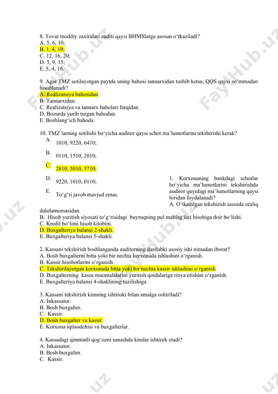 bilan tuzilgan shartnomalar asosida. b. tovar-transport nakladnoylari, schot-fakturalar asosida. c. qadoqlash (upakovka) yorliqlari, sifat guvohnomasi, qabul kviansiyasi va boshqalar asosida. d. mol yetkazib beruvchilar bilan tuzilgan shartnomalar va kuzatib boruvchi hujjatlar asosida. e. to‘g‘ri javob mavjud emas. 4. omborxonada sodir bo‘lgan kirim muomalalarini tekshirishning umumiy usuli aniqlang? a. inventarizatsiya usuli. b. omborxona kirim hujjatlarini mol yetkazib beruvchilarning kuzatib boruvchi hujjatlari yoki materiallarni chakana savdoda naqd pulga sotib olish hujjatlari bilan solishtirish. c. omborxona kirim hujjatlarini mol yetkazib beruvchilar bilan tuzilgan shartnomalar bilan solishtirish. d. barcha javoblar to‘g‘ri. e. to‘g‘ri javob mavjud emas. 5. tekshiruv mobaynida tuziladigan taqqoslash qaydnomalarini kimlar imzolaydi? a. faqat auditor. b. bosh buxgalter va moddiy javobgar shaxs c. auditor va bosh buxgalter d. auditor, bosh buxgalter va moddiy javobgar shaxs e. to‘g‘ri javob mavjud emas 6. tmzlar kamomadining aniq aybdorlari topilmagan yoki moddiy javobgar shaxslardan undirib olish imkoni bo‘lmagan hollarda ko‘rilgan zarar so‘mmasi daromad (foyda) solig‘ini hisoblashda …