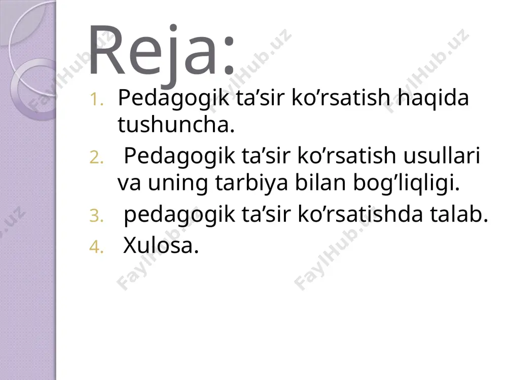 ag’batlantirilishi yoki to`xtatilishini ta`minlaydi. istiqbol — ta`sir ko`rsatishning juda ta`sirchan usuli bo`lib, u bolalarning xatti-harakatlarini ular oldiga maroqli maqsadlar qo`yish yo`li ta`minlaydi, bu maqsadlar ularning shaxsiy intilishlari, qiziqish va muddaolariga aylanadi. bu usul maktab o`quvchilarida shaxsning eng muhim fazilatlaridan biri bo`lgan maqsadga intiluvchanlikni rivojlantirishga yordam beradi. rag’batlantirish va jazolash — tarbiyaning eng an`anaviy usuli bo`lib, bolalar xulq-atvoriga tuzatish kiritishni, ya`ni foydali xatti-harakatlarni qo`shimcha rag’batlantirishni va tarbiyalanuvchilarning nomaqbul xatti-harakatlarini to`xtatishni ta`minlaydi, bunda ularning huquq burchlarini kengaytirish yoki cheklash, ularga ahloqiy ta`sir ko`rsatish yo`lidan foydalaniladi. rag’batlantirish va jazolash metodi o`ziga xos xususiyatga ega bo`lganligi sababli (bu haqda quyiroqda gap boradi) uni qo`llanish alohida ehtiyotkorlikni, pedagoglarning sezgirligi va xushmuomalaligini talab qiladi. jamoatchilik fikri — ta`sir ko`rsatishning qudratli usuli bo`lib, bolalarning ijtimoiy foydali fao­liyatini g’oyat har tomonlama va muntazam rag’batlantirib borishni ta`minlaydi, jamoaning tarbiyaviy vazi­falarini ancha to`liq amalga oshiradi. bu usul jamoa a`zolarining ijtimoiy faolligini va o`rtoqlarcha birdamligini rivojlantirishga yordam beradi. xulosa: xulosa qilib …