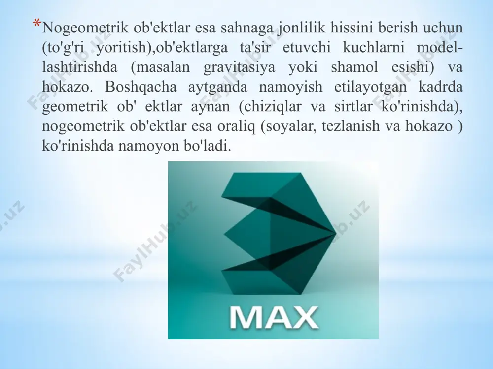 ositadir. bunday sirtlar maxsus to’rt o’lchovli bir jinsli fazoda ifodalanadi.unda har bir boshqaruvi cho’qqi, uchta x, y, z koordinatadan tashqari qo’shimcha vazn (weigat) tavsifiga ham ega. cho’qqining o’rni va nisbiy vaznini o’zgartirish orqali ob’ekt shaklini aniq boshqarish mumkin. image1.png image2.png image3.png /docprops/thumbnail.jpeg