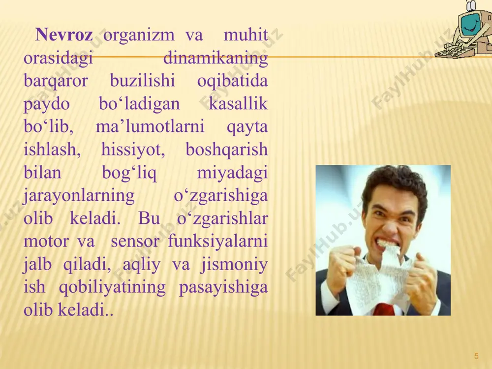 hovqindan himoya qilish demokratik jamiyatda sog‘liqni saqlash tizimida insonparvarlikning ko‘rinishidir. diskoklublarda ana shularni inobatga olish zarur. s.nichkovaning tadqiqotlarida kechki payt sinaluvchilar televizor ko‘rayotganida qon bosimining o‘zgarishi o‘rganilgan. axborot, sport ko‘rsatuvlari va kino filmlarni ko‘rish davomida sinaluvchilarning qon bosimi, ayniqsa, detektiv kino filmlarni ko‘rishda ortgan. gipertoniklarda bu 15 soatgacha saqlanib qolgan. bundan insonga ko‘rsatuvning hissiy tomoni ta’sir qilishi ma’lum bo‘ladi va insonning ko‘rsatuvga shaxsiy munosabati ham katta rol o‘ynaydi. * inson miyasining egiluvchanligi hisobiga u tashqi muhit o‘zgarishlariga moslashishi mumkin . buning uchun : atrof-muhitdagi yangi sharoitlarga bog‘liq ravishda inson turmush tarzining maqsadga yo‘naltirilgan va ongli qayta qurilishi; insonga qulay bo‘lish uchun texnikani egallash, texnik kasblar, shifokorlar va psixologlarning hamkorligi; charchaganda psixik va jismoniy sog‘liqni mustahkamlash, dam olib charchoq o‘rnini to‘ldirish. * эътиборингиз учун раҳмат! *