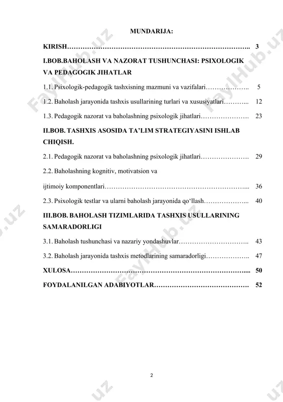 fatli ta’limning asosiy mezoni – bu nafaqat o‘quvchilarning bilim va ko‘nikmalarini aniqlash, balki ularning psixologik xususiyatlarini ham hisobga olishdir. shu nuqtai nazardan, baholash va nazorat jarayonida psixologik-pedagogik tashxis usullarining qo‘llanilishi katta ahamiyat kasb etadi. baholash jarayoni o‘quvchilarning o‘rganish faoliyatini tizimli ravishda kuzatish, ularning bilim darajasini aniqlash va kerakli pedagogik yordamni belgilash imkonini beradi. biroq, an’anaviy baholash usullari faqatgina natijaga e’tibor qaratadi, shuning uchun o‘quvchilarning individual rivojlanishi va psixologik holati ko‘pincha inobatga olinmaydi. shu bois psixologik-pedagogik tashxis usullari o‘quvchilarni yanada chuqurroq tahlil qilish, ularning qobiliyatlari, qiziqishlari va rivojlanish darajasini aniqlash imkonini beradi. bitiruv malakaviy ishining maqsadi:baholashni nazorat qilish jarayonida psixologik-pedagogik tashxis usullarining mohiyatini o‘rganish, ularni amaliyotda qo‘llash imkoniyatlarini aniqlash va baholash samaradorligini oshirish bo‘yicha tavsiyalar ishlab chiqish. bitiruv malakaviy ishining vazifalari:pedagogik baholash va nazorat tushunchalarini ilmiy jihatdan tahlil qilish; psixologik-pedagogik tashxisning turlari va metodlarini aniqlash; baholash jarayonida o‘quvchilarning individual psixologik xususiyatlarini aniqlash usullarini o‘rganish; tanlangan sinf yoki guruhda tashxis usullarini amaliyotda …