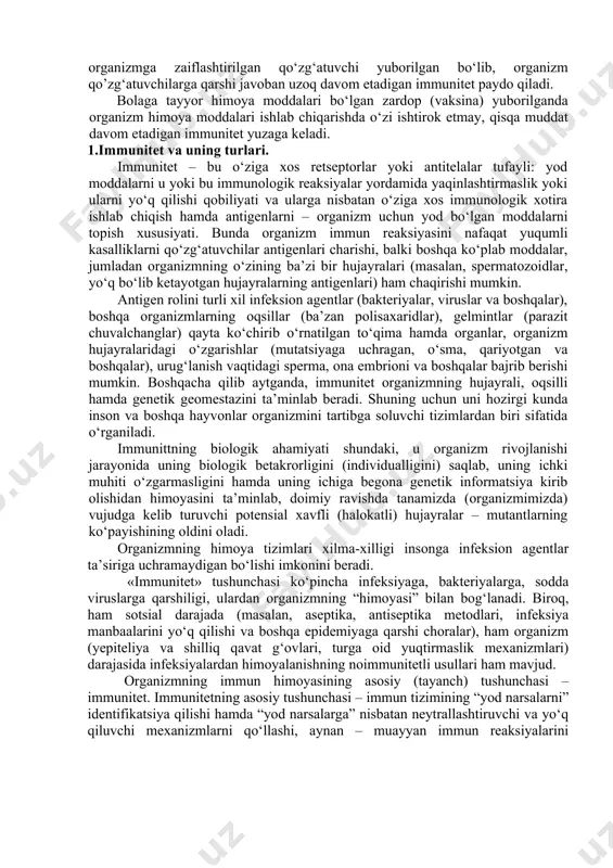 ajratiladi: kontakt yo’li, havo tomchi, suv - ovqat va tirik jonivorlar orqali tarqalish yo’llari. kontakt yo‘li - bemorga yaqin bo‘lganda kasallikning yuqib qolishidir. bevosita va bilvosita kontakt tafovut qilinadi. bevosita kontaktda kasallik qo’zg‘atuvchisi kasal organizmdan sog‘lom organizmga to’g‘ridan-to’g‘ri o‘tadi (o‘pishish vaqtida, hayvon tishlaganda, so’lagi tushganda va hokazo) bilvosita kontaktda kasallik ro‘zg‘or buyumlari orqali: kitob-daftar, kiyim-bosh va oyoq kiyim almashtirish va boshqa yo’llar. masalan: difteriya, qutirish, sil va boshqa kasalliklar bevosita kontakt yo’li bilan yuqsa, dizenteriya, ich terlama, difteriya va boshqa kasalliklar bilvosita yo’l bilan o‘tadi. kasalliklar bolalarning jismoniy o‘sishiga katta ta’sir etadi. ayniqsa, surinkali uzoq, davom etadigan kasalliklar, ya’ni revmatizm, oshqozon-ichak, jigar va o‘t yo‘llari, buyrak kasalliklari organizm va to’qimalarda moddalar almashinuvi jarayonini buzadi, kamqonlik kasalligini yuzaga keltiradi, natijada jismoniy rivojlanishi susayadi, bolaning ish qobiliyatiga salbiy ta’sir ko‘rsatadi. sog’liq - bu jismoniy, ruhiy va ijtimoiy mavjud bo’lishning to’liq hamda mukammal holati. u faqat kasallik yo’qligi yoki zaifligi emas. u har …
