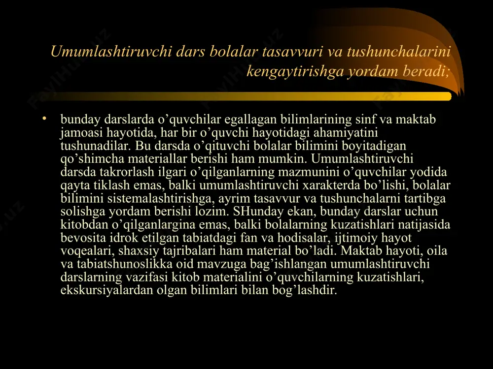 ati unga o’qituvchining qanday tayyorgarlik ko’rishiga bog’liq. bunday darsda juda ko’p material yuzasidan umumiy xulosa chiqarishni rejalashtirib bo’lmaydi; bu darsda ko’p material yuklash o’quvchilar diqqatini chalg’itadi; idrok etish qobiliyatlarini pasaytiradi va faol fikrlashlariga xalal beradi. o’qituvchi umumlashtiruvchi darsda o’quvchilardan nimalarni so’rashini, biror narsaga oid yana nimalarni umumlashtirishini belgilab oladi; darsning maqsadi haqida o’ylab, bolalar tafakkuri va faoliyatini faollashtirishga ta’sir etadigan ish shakllaridan foydalanishni rejalashtiradi. umumlashtiruvchi darsni dasturdagi har bir mavzu o’rganilgandan so’ng o’tkazish shart emas. umumlashtiruvchi darsni dasturdagi har bir mavzu o’rganilgandan so’ng o’tkazish shart emas. uni faqat muhim va katta bo’lim materiallari o’rganilgandan keyin o’tkazish kifoya. umumlashtiruvchi darslarda ko’rgazma qo’llanmalar, savol va topshiriqlar, ekskursiya, kuzatish, uchrashuv va suhbat materiallaridan mavzularni o’rganish davridagidek foydalanish tavsiya etilmaydi. umumlashtiruvchi dars oldiga qo’yilgan vazifalarni muvaffaqiyatli amalga oshirish uchun o’qituvchi kundalik mashg’ulotlarda foydalanilgan juda ko’p materiallardan har bir mavzu uchun muhim va xarakterlilarini tanlashi, o’quvchilar mustaqil xulosa chiqara olishlariga va o’z fikr-mulohazalarini bayon etishlariga …