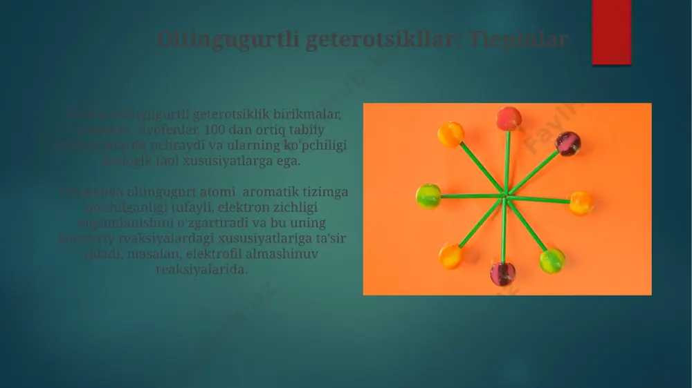 g dozada qo'llaniladi. azepina tuzilishiga ega bo'lgan ba'zi birikmalar, og'riq qoldiruvchi va yallig'lanishga qarshi xususiyatlarga ega bo'lib, klinik tadqiqotlarda 200-500 mg dozalarda sinovdan o'tgan. nomlanishi va raqamlanishi azot atomlari mavjud bo'lganda, ularga eng kichik raqamlar beriladi va birikmaning nomlanishida azot atomlarining soni va joylashuvi ko'rsatiladi, masalan, 1,3-diazatseptam. yetti a’zoli geterotsiklik aromatik birikmalarning nomlanishi iupac qoidalariga muvofiq amalga oshiriladi, bu yerda asosiy halqa 1-holatdan boshlab raqamlanadi va geteroatomlarning holati minimal raqamlar bilan belgilanadi. xossalari va reaktivligi azota atomining holati va soni 7-a'zoli geterotsikllarning xossalari va reaktivligiga sezilarli ta'sir ko'rsatadi, masalan, ikkita azot atomi bo'lgan birikmalar kuchli asos xossalariga ega bo'lishi mumkin. 7-a'zoli geterotsiklik aromatik birikmalar, masalan, tropanlar, o'zgaruvchan reaktivlikka ega bo'lib, ularning elektrofil almashinuvi reaktsiyalari tezligi 6-a'zoli analoglarga nisbatan sekinroqdir. kelajakdagi tadqiqotlar turli xil funktsional guruhlarga ega bo'lgan 20 dan ziyod yangi 7-a'zoli geterotsiklik aromatik birikmalarni kompyuter modellashtirish orqali loyihalash va ularning fizik-kimyoviy xossalarini hisoblash muhim ahamiyatga ega. 7-a'zoli geterotsiklik aromatik …