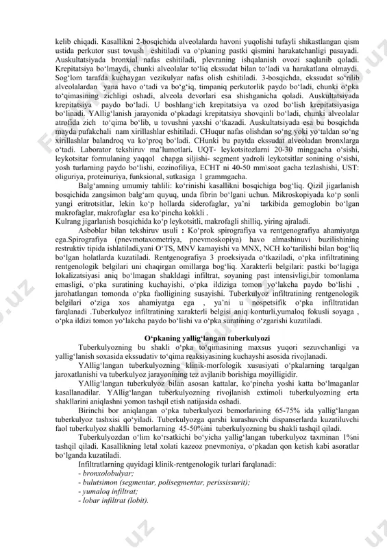 da bo‘lishi alveolalarning leykotsitlar bilan to‘yinganligi sababli yuzaga keladi. keyinchalik alveolalarda bir qator spetsifik jarayonlar bo‘lib o‘tadi, shu jumladan proteolitik fermenlar ta’siri ostida ekssudatsiya kechadi. suyuq ekssudat alveolalardan oqib chiqib bronxiolalarga boradi, keyin bronxlarga o‘tadi. ulardagi yo‘tal reflekslarini qo‘zg‘atadi va yo‘tal yuzaga keladi. bemor balg‘am tuflaganda ekssudat yo‘qoladi. 4. tuzalish bosqichi. klinik jihatdan 3 bosqichi mavjud. a) boshlang‘ich bosqich morfologik bosqichga mos keladi, bu bosqichida o‘pkaning havosi kamayadi. b) rivojlanish bosqichi- qizil va kulrang jigarlanish morfologik bosqichni birlashtiradi. uni klinik, fizikal usul bilan aniqlash mumkin emas. bu bosqichning o‘ziga xos tomoni o‘pkaning zararlangan qismida havoning yo‘qligi. s) tiklanish va tuzalish bosqichi. o‘pkaning zararlangan qismi avvalgi holatida va o‘pkaning sog‘lom, zararlanmagan qismiga nisbatan yaxshi kechadi. klinik ko‘rinishlar yuzaga kelish sabablari, uning bosqichiga, yallig‘lanish jarayonining faolligiga, infiltrat maydoniga va tarqalishiga bog‘liq. bemorlar asosan yo‘tal, qon tuflash, ko‘krakdagi og‘riq, hansirashdan shikoyat qiladilar. bakterial infeksiya tufayli yuzaga kelgan yallig‘langan infiltratsiyada balg‘am shilliq yiringli, krupoz …