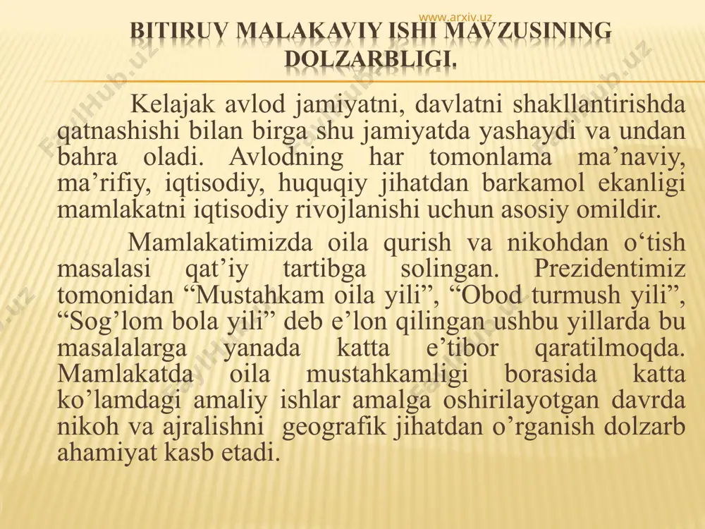 tadi. www.arxiv.uz www.arxiv.uz bitiruv malakaviy ishni bajarishdan maqsad andijon viloyati aholisi nikoh va ajralish koeffisiyentlarini o’rganish orqali kelajakdagi viloyat aholisi soni haqida bashoratga ega bo’lish, ajralish va uni yuzaga kelish sabablarini, ajralishni kamaytirishga doir taklif va tavsiyalar ishlab chiqishdan iborat. vazifalari: - andijon viloyati nikoh ko’rsatkichlarini va hududiy tafovutlarini aniqlash; - andijon viloyati aholisini ajralish koeffisiyentini va uning hududiy tafovutlarini, yuzaga kelish sabablarini taxlil qilish va istiqbolini belgilashning uslubiy asoslarini ishlab chiqish; - andijon viloyati oilani mustahkamlash va ajralishni kamaytirishga doir taklif va tavsiyalar ishlab chiqish va b. www.arxiv.uz www.arxiv.uz bmi ning obyekti. andijon viloyati aholisi nikoh va ajralish ko’rsatkichlari. bmi ning predmeti. andijon viloyati aholisi nikoh va ajralish holati hususiyatlarining geografik jixatlarini o’rganishdan iborat. bmi ning ilmiy yangiliklari quyidagilarda o’z aksini topgan. -andijon viloyati aholisi nikoh ko’rsatkichlarini o’ziga xos xususiyatlari tahlil qilingan va ochib berilgan; -andijon viloyati aholisi ajralish ko’rsatkichlari va muammolari yoritib berilgan. www.arxiv.uz www.arxiv.uz www.arxiv.uz yillar viloyatlar …