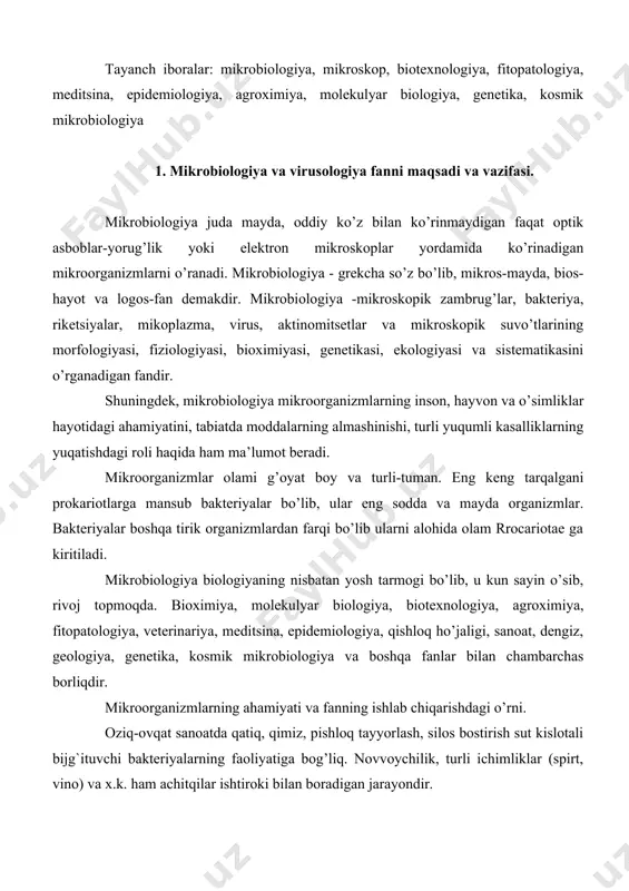 qarishdagi o’rni. oziq-ovqat sanoatda qatiq, qimiz, pishloq tayyorlash, silos bostirish sut kislotali bijg`ituvchi bakteriyalarning faoliyatiga bog’liq. novvoychilik, turli ichimliklar (spirt, vino) va x.k. ham achitqilar ishtiroki bilan boradigan jarayondir. ko’pgina foydali qazilmalarning (torf, toshkumir, neft, temir, oltingugurt rudalarining) hosil bo’lishi ham bakteriyalar faoliyati bilan bog’liqdir. chirituvchi bakteriyalar o’simlik qoldiqdari, hayvon jasadlari va boshqa chiqindilarni parchalab, еr yuzini tozalaydi va tabiatda moddalarning aylanishini ta’minlaydi. iflos suvlarni tozalash, ko’mir konlarida metan gazini parchalash va havoni tozalashda ham mikroorganizmlarning roli katta. ko’pgina mikroorganizmlar turli fiziologik aktiv moddalar: fermentlar, vitaminlar, aminokislotalar, biologik stimulyatorlar, vaksinalar va antibiotiklarni sintezlash xususiyatiga ega. masalan, saharomitset achitkilari 45—50%gacha oksil sintezlay oladi. ba’zi bakteriyalar antibiotiklarni sintezlaydi: tirotritsin, batsitratsin, subtilin, polimiksin v. bazi bakteriyalar esa sirka kislotani sintezlaydilar. aktinomitsetlar: streptomitsin, aureomitsin, neomitsin, tetratsiklin antibiotiklarni sintezlaydilar. yа’ni hozirgi vaqtda ma’lum bo’lgan antibiotiklarning 2/3 qismini aktinomitsetlar sintezlaydi. dehqonchilikda ham mikroorganizmlar muhim rol o’ynaydi, chunki ularning faoliyati natijasida tuproqda o’simliklar uchun zarur bo’lgan oziq …