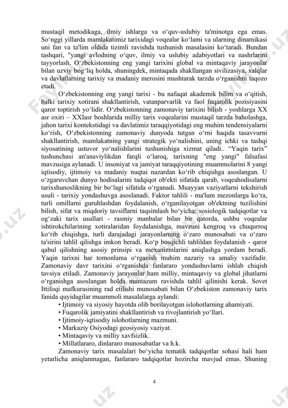ng ta'rifi, mazmun -mohiyati o‘zbekistonda ijtimoiy-iqtisodiy va siyosiy hayotni isloh qilish bilan bir vaqtda, milliy o‘ziga xoslikni mustahkamlash jarayonlari boshlandi. tarixiy xotira - milliy o‘ziga xoslikni tarixan idrok etishda asos bo‘lib xizmat qildi. ma'lumki, tarixiy xotira xazinasi millat taraqqiyotiga yordam beradigan milliy ongning samarali kuchi sifatida ona tiliga, turmush tarziga, urf-odatlari va madaniyatiga ehtiyotkorlik bilan munosabatda bo‘lishni talab qiladi. bu shunchaki ma'naviy merosni saqlab qolish uchun tarixiy qadriyatlarni jalb qilish emas, balki ma'naviy tiklanish yo‘lini boshlash uchun xalq o‘zining ko‘p asrlik tarixiga, ming yillik madaniy tajribasiga, buyuk ajdodlari merosiga murojaat qilishi va o‘zbekistonning jahon hamjamiyatiga qanday ma'naviy-axloqiy boyliklar bilan kirishi kerakligini anglatadi. bularning barchasi i.karimov tomonidan tarixiy xotiraga berilgan mazkur ta'rifda o‘z ifodasini topgan: “tarixiy xotira – bu umr mazmunini, avlodlar o‘rtasidagi vorislik tuyg‘usini, ularning bir-biriga daxldor ekanligini, hayotning bamisoli uzviy halqalar kabi ketma-ket bog‘lanishini anglash, tarixdan xulosa chiqarib, bugungi kun uchun to‘g‘ri yo‘l tanlash, ota-bobolarimizning ro‘hi poklariga hurmat bilan …