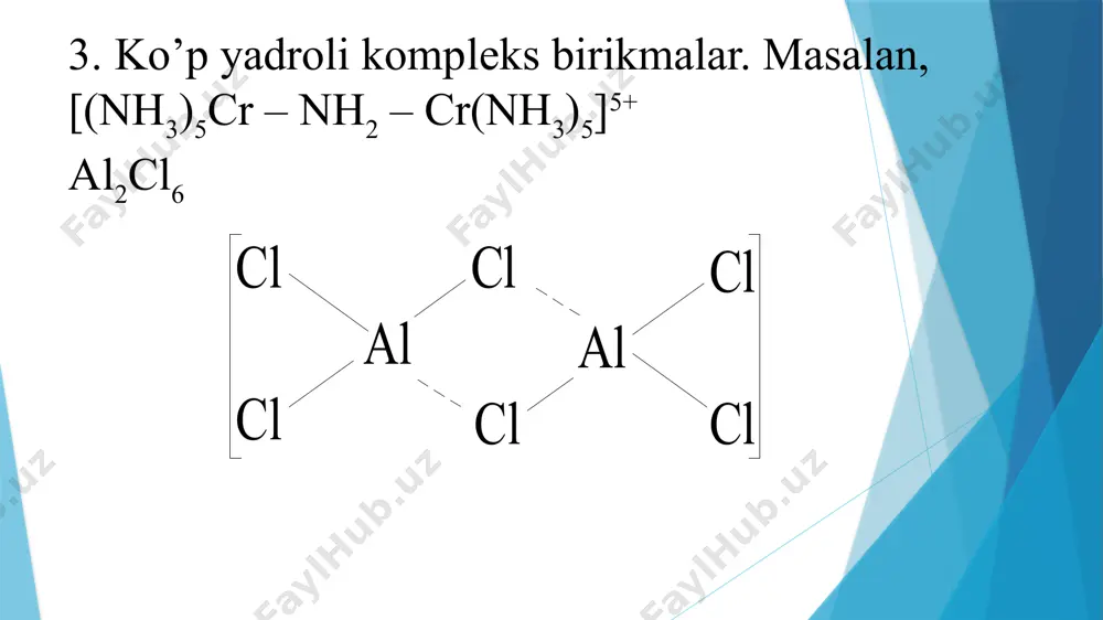 о‘yicha) bog‘lanadi. fe, co, ni, mn, cr, v, ti, ru, th va os kabi metallarning siklopentadiyen c5h6 bilan birikmalari olingan. bu koordinatsion birikmalarni hosil qilish uchun shu metallarga yoki ularning karbonillariga siklopentadiyen ta’sir ettiriladi. natijada fe (c5h5)2 ferrotsen ; ni (c5h5)2 nikelotsen hosil bо‘ladi. metallarning siklopentadiyen bilan hosil qilgan koordinatsion birikmalari ( shuningdek, dibenzolxrom cr (c6h6)2 kabi moddalar) «sendvich - strukturali» moddalar nomini olgan, chunki bunday koordinatsion birikmalar rentgen nurlari yordamida tekshirilganida, ular ― xuddi «ikki burda non orasidagi pishloq» kabi tuzilganligi, ya’ni о‘rtada metall atomi, uning ustida va tagida c5h5 radikali joylashganligi ma’lum bо‘ldi. ferrotsen fe (c5h5)2 molekulasining tashqi qavatida 18 ta elektron bо‘ladi. ularning 8 tasi temirniki va 10 tasi ikkita c5h5 radikalnikidir. ikkita c5h5 radikali о‘zining 10 ta p – elektroni hisobiga koordinatsion bog‘ hosil qiladi. shuning uchun oraliq metallarning sendvich strukturali birikmalari π – koordinatsion birikmalar jumlasiga kiradi. e’tiboringiz uchun rahmat image1.jpg image2.jpeg image3.emf image4.emf image5.emf …