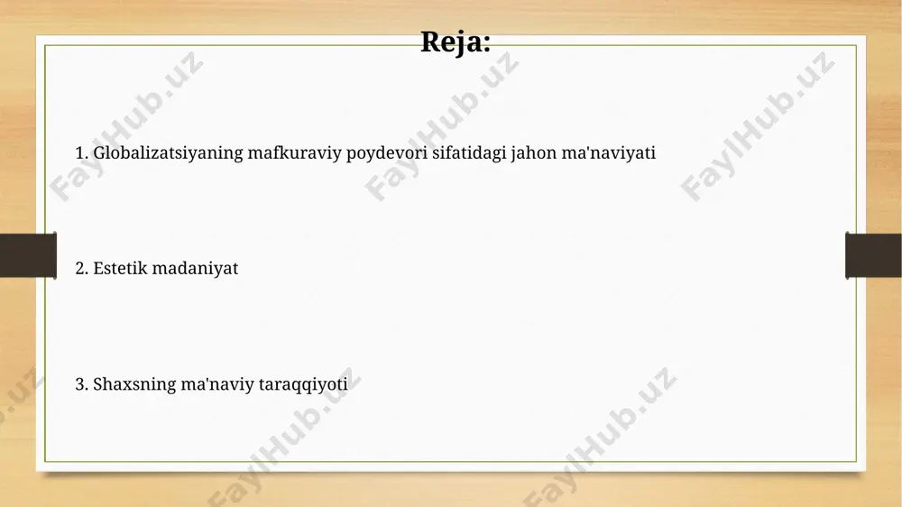 ma'naviy o'sishi va globalizatsiya o'rtasidagi korrelyatsion tahlil natijalari 0,8 koeffitsiyentini ko'rsatib, kuchli ijobiy bog'liqlikni tasdiqlaydi. globalizatsiya jarayonida shaxsning ma'naviy o'sishi 3 ta asosiy omilga – o'z-o'zini anglash, axloqiy qadriyatlar va ijtimoiy mas'uliyat hissiga bog'liq bo'lib, bu 70% dan ortiq ta'sir ko'rsatadi. estetik madaniyat va ma'naviy qadriyatlar estetik madaniyatning rivojlanishi jamiyatda kamida 3 ta asosiy qadriyat – go'zallik, yaxshilik va haqiqat – tushunchalarining o'zaro bog'liqligiga asoslanadi. ijtimoiy-madaniy rivojlanishning 2023 yilgi ko'rsatkichlari shuni ko'rsatadiki, estetik madaniyat va ma'naviy qadriyatlarning uyg'unligi iqtisodiy o'sishning muhim omili hisoblanadi. ma'naviy qadriyatlar va inson huquqlari ma'naviy qadriyatlar inson huquqlarining mustahkam poydevorini tashkil etadi, 5ta asosiy huquq – hayot, erkinlik, mulk, adolat va xavfsizlikka bevosita ta'sir ko'rsatadi. inson huquqlari deklaratsiyasi 30 dan ortiq moddasi bilan ma'naviy qadriyatlarni himoya qilishga bag'ishlangan bo'lib, individual erkinlik va jamiyat farovonligini ta'minlashga qaratilgan. globalizatsiya va ma'naviyat: o'zaro bog'liqlik ma'naviy rivojlanishning 5ta asosiy yo'nalishi – axloqiylik, ong, ijodiylik, empatiya va o'z-o'zini anglash – globalizatsiya …